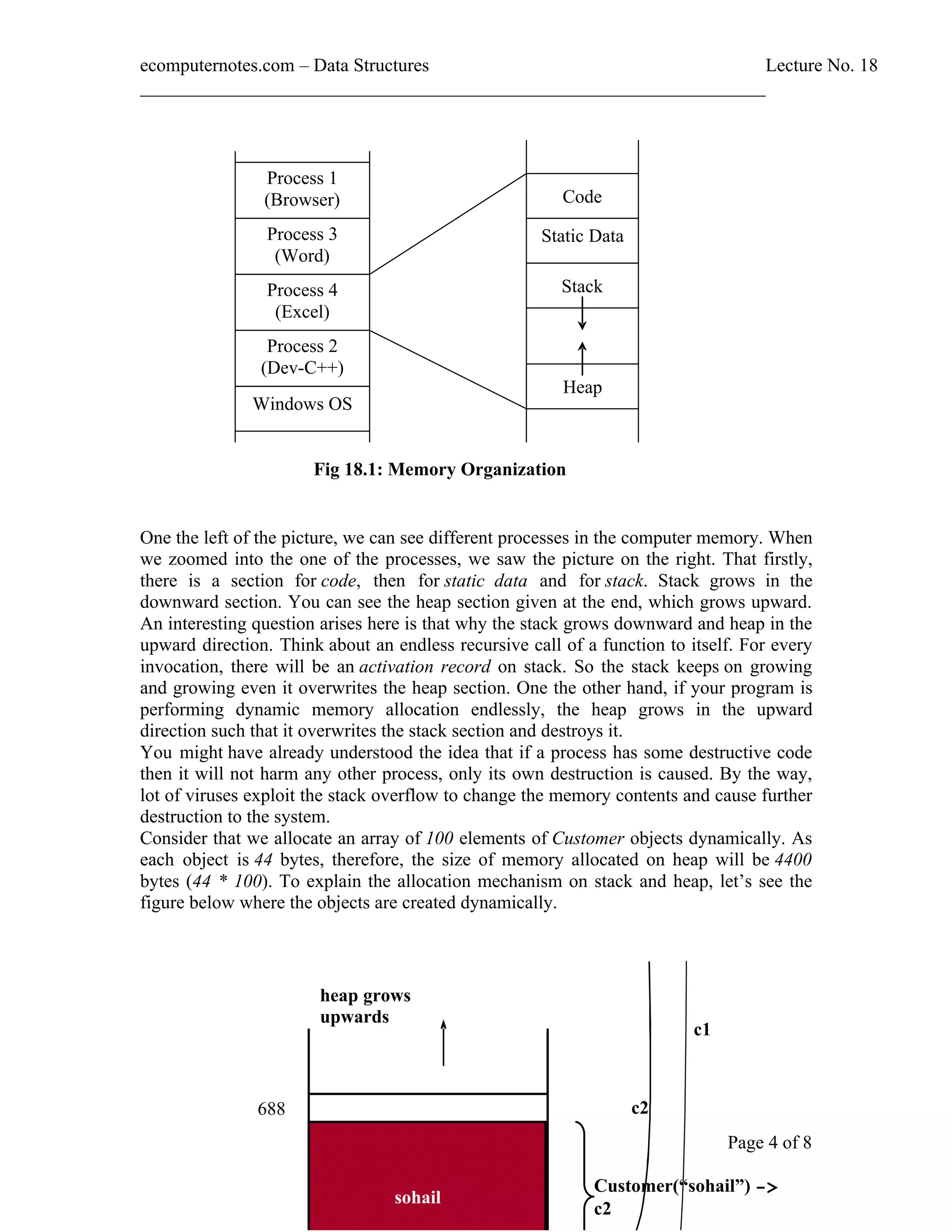 ecomputernotes.com Data Structures Lecture No. 18 ___________________________________________________________________ Page 4 of 8 One the left of the picture, we can see different processes in the computer memory. When we zoomed into the one of the processes, we saw the picture on the right. That firstly, there is a section for code, then for static data and for stack. Stack grows in the downward section. You can see the heap section given at the end, which grows upward. An interesting question arises here is that why the stack grows downward and heap in the upward direction. Think about an endless recursive call of a function to itself. For every invocation, there will be an activation record on stack. So the stack keeps on growing and growing even it overwrites the heap section. One the other hand, if your program is performing dynamic memory allocation endlessly, the heap grows in the upward direction such that it overwrites the stack section and destroys it. You might have already understood the idea that if a process has some destructive code then it will not harm any other process, only its own destruction is caused. By the way, lot of viruses exploit the stack overflow to change the memory contents and cause further destruction to the system. Consider that we allocate an array of 100 elements of Customer objects dynamically. As each object is 44 bytes, therefore, the size of memory allocated on heap will be 4400 bytes (44 * 100). To explain the allocation mechanism on stack and heap, let s see the figure below where the objects are created dynamically. Process 1 (Browser) Process 3 (Word) Process 4 (Excel) Process 2 (Dev-C++) Windows OS Code Static Data Stack Heap Fig 18.1: Memory Organization c1 c2 heap grows upwards 688 Customer( sohail ) -> c2 sohail 