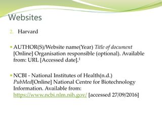 2. Harvard
 AUTHOR(S)/Website name(Year) Title of document
[Online] Organisation responsible (optional). Available
from: URL [Accessed date].1
 NCBI - National Institutes of Health(n.d.)
PubMed[Online] National Centre for Biotechnology
Information. Available from:
https://www.ncbi.nlm.nih.gov/ [accessed 27/09/2016]
Websites
 