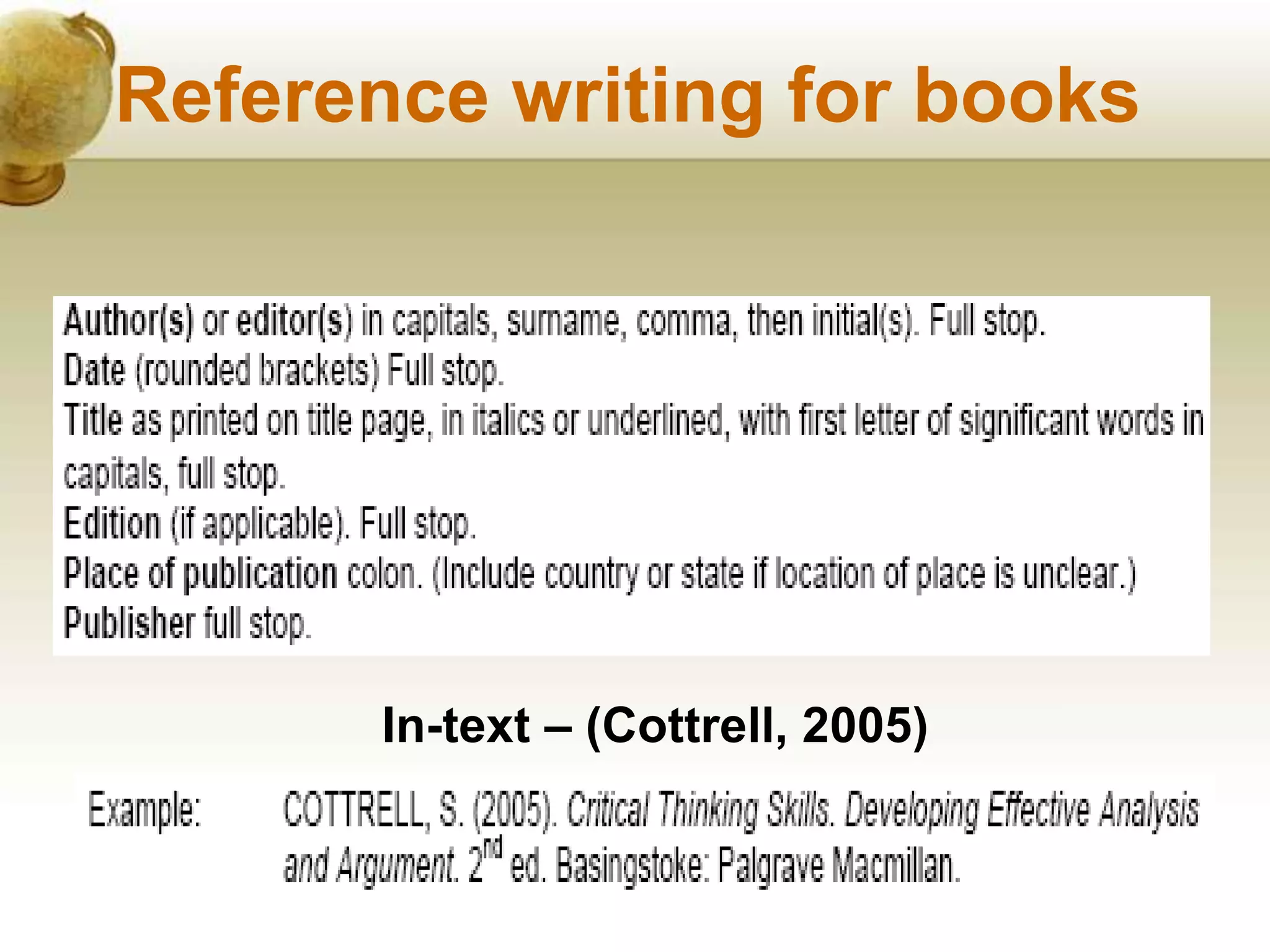 In-text – (Cottrell, 2005)
Reference writing for books
 