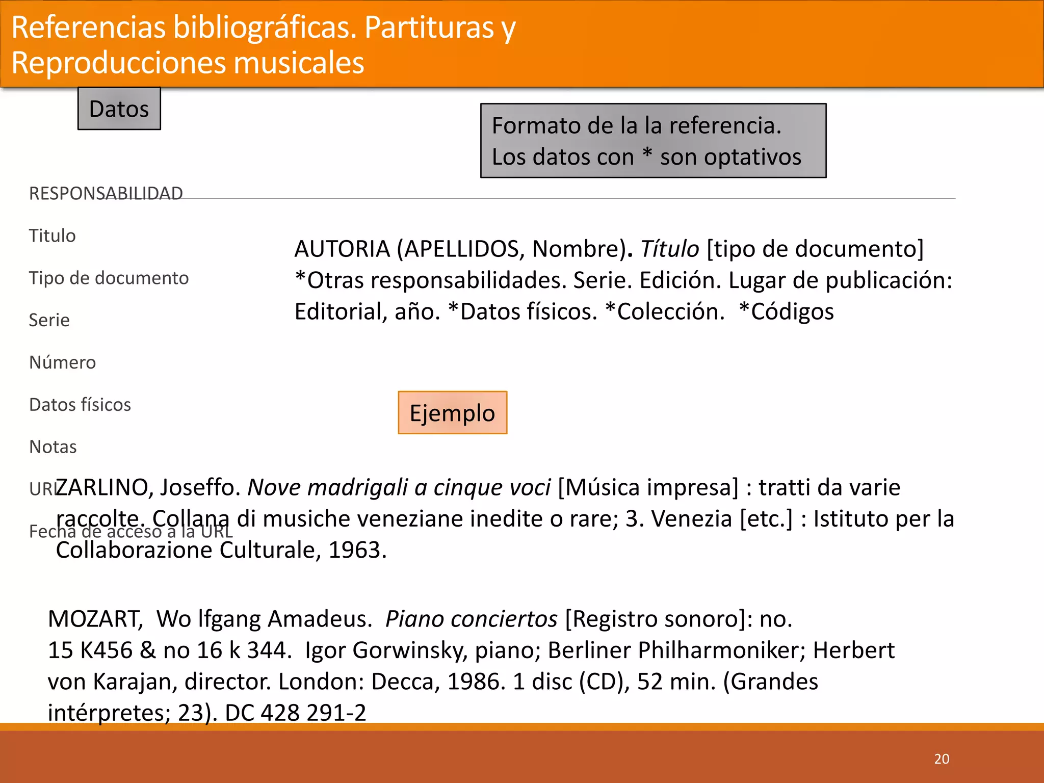 Referencias bibliográficas. Partituras y
Reproducciones musicales
RESPONSABILIDAD
Titulo
Tipo de documento
Serie
Número
Datos físicos
Notas
URL
Fecha de acceso a la URL
20
Datos
Formato de la la referencia.
Los datos con * son optativos
Ejemplo
AUTORIA (APELLIDOS, Nombre). Título [tipo de documento]
*Otras responsabilidades. Serie. Edición. Lugar de publicación:
Editorial, año. *Datos físicos. *Colección. *Códigos
ZARLINO, Joseffo. Nove madrigali a cinque voci [Música impresa] : tratti da varie
raccolte. Collana di musiche veneziane inedite o rare; 3. Venezia [etc.] : Istituto per la
Collaborazione Culturale, 1963.
MOZART, Wo lfgang Amadeus. Piano conciertos [Registro sonoro]: no.
15 K456 & no 16 k 344. Igor Gorwinsky, piano; Berliner Philharmoniker; Herbert
von Karajan, director. London: Decca, 1986. 1 disc (CD), 52 min. (Grandes
intérpretes; 23). DC 428 291-2
 