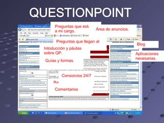 Preguntas que están a mi cargo. Preguntas que llegan al servicio. Chat Base del conocimiento y perfil de la institución  Área de anuncios. Blog Intoducción y páutas sobre QP. Aplicaciones necesarias. Guías y formas. Consorcios 24/7 Comentarios 