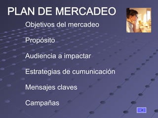 Objetivos del mercadeo Propósito Audiencia a impactar Estrategias de cumunicación Mensajes claves Campañas 
