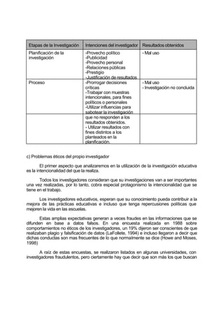 Etapas de la Investigación Intenciones del investigador Resultados obtenidos
Planificación de la
investigación
-Provecho político
-Publicidad
-Provecho personal
-Relaciones públicas
-Prestigio
-Justificación de resultados
- Mal uso
Proceso -Prorrogar decisiones
críticas
-Trabajar con muestras
intencionales, para fines
políticos o personales
-Utilizar influencias para
sabotear la investigación
- Mal uso
- Investigación no concluida
que no responden a los
resultados obtenidos.
- Utilizar resultados con
fines distintos a los
planteados en la
planificación.
c) Problemas éticos del propio investigador
El primer aspecto que analizaremos en la utilización de la investigación educativa
es la intencionalidad del que la realiza.
Todos los investigadores consideran que su investigaciones van a ser importantes
una vez realizadas, por lo tanto, cobra especial protagonismo la intencionalidad que se
tiene en el trabajo.
Los investigadores educativos, esperan que su conocimiento pueda contribuir a la
mejora de las prácticas educativas e incluso que tenga repercusiones políticas que
mejoren la vida en las escuelas.
Estas amplias expectativas generan a veces fraudes en las informaciones que se
difunden en base a datos falsos. En una encuesta realizada en 1988 sobre
comportamientos no éticos de los investigadores, un 19% dijeron ser conscientes de que
realizaban plagio y falsificación de datos (LaFollete, 1994) e incluso llegaron a decir que
dichas conductas son mas frecuentes de lo que normalmente se dice (Howe and Moses,
1998)
A raíz de estas encuestas, se realizaron listados en algunas universidades, con
investigadores fraudulentos, pero ciertamente hay que decir que son más los que buscan
 