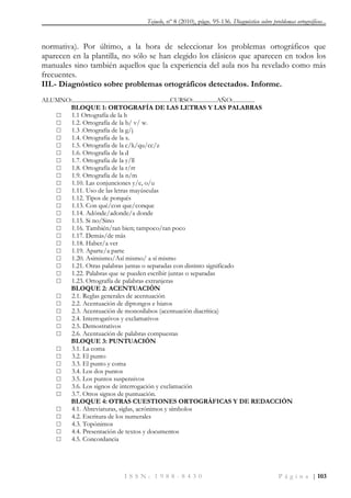 Tejuelo, nº 8 (2010), págs. 95-136. Diagnóstico sobre problemas ortográficos...
I S S N : 1 9 8 8 - 8 4 3 0 P á g i n a | 103
normativa). Por último, a la hora de seleccionar los problemas ortográficos que
aparecen en la plantilla, no sólo se han elegido los clásicos que aparecen en todos los
manuales sino también aquellos que la experiencia del aula nos ha revelado como más
frecuentes.
III.- Diagnóstico sobre problemas ortográficos detectados. Informe.
ALUMNO:...................................................................CURSO:................AÑO:...............
BLOQUE 1: ORTOGRAFÍA DE LAS LETRAS Y LAS PALABRAS
□ 1.1 Ortografía de la h
□ 1.2. Ortografía de la b/ v/ w.
□ 1.3 .Ortografía de la g/j
□ 1.4. Ortografía de la x.
□ 1.5. Ortografía de la c/k/qu/cc/z
□ 1.6. Ortografía de la d
□ 1.7. Ortografía de la y/ll
□ 1.8. Ortografía de la r/rr
□ 1.9. Ortografía de la n/m
□ 1.10. Las conjunciones y/e, o/u
□ 1.11. Uso de las letras mayúsculas
□ 1.12. Tipos de porqués
□ 1.13. Con qué/con que/conque
□ 1.14. Adónde/adonde/a donde
□ 1.15. Si no/Sino
□ 1.16. También/tan bien; tampoco/tan poco
□ 1.17. Demás/de más
□ 1.18. Haber/a ver
□ 1.19. Aparte/a parte
□ 1.20. Asimismo/Así mismo/ a sí mismo
□ 1.21. Otras palabras juntas o separadas con distinto significado
□ 1.22. Palabras que se pueden escribir juntas o separadas
□ 1.23. Ortografía de palabras extranjeras
BLOQUE 2: ACENTUACIÓN
□ 2.1. Reglas generales de acentuación
□ 2.2. Acentuación de diptongos e hiatos
□ 2.3. Acentuación de monosílabos (acentuación diacrítica)
□ 2.4. Interrogativos y exclamativos
□ 2.5. Demostrativos
□ 2.6. Acentuación de palabras compuestas
BLOQUE 3: PUNTUACIÓN
□ 3.1. La coma
□ 3.2. El punto
□ 3.3. El punto y coma
□ 3.4. Los dos puntos
□ 3.5. Los puntos suspensivos
□ 3.6. Los signos de interrogación y exclamación
□ 3.7. Otros signos de puntuación.
BLOQUE 4: OTRAS CUESTIONES ORTOGRÁFICAS Y DE REDACCIÓN
□ 4.1. Abreviaturas, siglas, acrónimos y símbolos
□ 4.2. Escritura de los numerales
□ 4.3. Topónimos
□ 4.4. Presentación de textos y documentos
□ 4.5. Concordancia
 