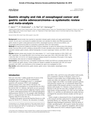 Annals of Oncology
doi:10.1093/annonc/mdq411review
Gastric atrophy and risk of oesophageal cancer and
gastric cardia adenocarcinoma—a systematic review
and meta-analysis
F. Islami1,2,3
, P. Sheikhattari4
, J. S. Ren2
& F. Kamangar4,1
*
1
Digestive Disease Research Center, Shariati Hospital, Tehran University of Medical sciences, Tehran, Iran; 2
International Agency for Research on Cancer, Lyon, France;
3
King’s College London, Thames Cancer Registry, London, UK; 4
Department of Public Health Analysis, School of Community Health and Policy, Morgan State
University, Baltimore, USA
Received 26 May 2010; revised 9 June 2010; accepted 11 June 2010
Background: Several studies have reported an association between gastric atrophy and upper gastrointestinal
cancers. Our aim was to summarise the available information and calculate the relative risks (RRs) associated with
gastric atrophy for gastric cardia adenocarcinoma (GCA), oesophageal squamous cell carcinoma (OSCC), and
oesophageal adenocarcinoma (OAC) by conducting a systematic review and meta-analysis.
Methods: We searched the PubMed and ISI-Web of Science databases, as well as the reference lists of the relevant
articles. Summary RRs and 95% conﬁdence intervals (95% CI) were calculated using random-effects models for the
association between gastric atrophy, deﬁned histologically or by serum pepsinogen markers, and OSCC, OAC, and
GCA.
Results: Eighteen articles were included in the meta-analysis; 13, 7, and 3 studies reported on GCA, OSCC, and
OAC, respectively. The overall RRs (95% CI) for the three cancer types were: GCA, 2.89 (2.09–3.98); OSCC, 1.94
(1.48–2.55); OAC, 0.51 (0.19–1.37). Several subgroup analyses showed the robustness of the results. In the majority
of the analyses, there was low to moderate heterogeneity.
Conclusions: This study found two- to threefold increased risk of OSCC and GCA but a possible reduced risk of
OAC in people with gastric atrophy. Further studies are needed to establish the association with OAC and causal
association with OSCC, and mechanisms of the increased risk need to be investigated for GCA.
Key words: cardia adenocarcinoma, gastric atrophy, gastric cancer, meta-analysis, oesophageal cancer,
pepsinogen
introduction
Each year more than 1 million people die of cancers of the
oesophagus and stomach [1]. The two predominant
histological types of oesophageal cancer, i.e. oesophageal
squamous cell carcinoma (OSCC) and oesophageal
adenocarcinoma (OAC), have distinct risk factors. For
example, alcohol consumption is a strong risk factor for OSCC
but not for OAC [2]. Likewise, risk factors are not necessarily
similar for the two main anatomic subgroups of gastric cancer,
i.e. gastric cardia adenocarcinoma (GCA) and noncardia gastric
adenocarcinoma (NCGA) [3]. For example, while Helicobacter
pylori is a strong risk factor for NCGA, the association of this
organism with GCA is less clear [4].
Atrophy of the gastric mucosa has long been known as a risk
factor for NCGA [5–7]. However, the association of atrophy
with OSCC, OAC, and GCA is less well studied. Until recently,
GCA constituted a minority of all gastric cancers [8, 9].
Therefore in most studies, due to small numbers, the GCA
results were either not reported or did not receive enough
scrutiny. Higher risk of OSCC was initially reported in patients
with pernicious anaemia [10], an autoimmune disease that
includes atrophy of the stomach, and also in case series of other
patients with atrophy [11]. However, it has received more
attention in the past few years after a Swedish case–control
study found a strong association [12]. OAC was rare until the
1990s [9, 13], and there are still relatively few studies that have
investigated the association between atrophy and this type of
cancer.
Gastric atrophy is characterised by loss of specialised glands
in the stomach and their replacement by metaplastic cells and
interstitial ﬁbrosis [14]. Therefore, this condition can be
diagnosed using histological examination. With the advent of
atrophy, specialised gastric cells in gastric fundus that produce
pepsinogen 1 (PG1) are replaced by metaplastic cells of antral
type. While serum PG1 level is reduced in gastric atrophy,
review
*Correspondence to: Dr F. Kamangar, Department of Public Health Analysis, School of
Community Health and Policy, Morgan State University, 4530 Portage Avenue Campus,
Room 302-D, Baltimore, MD, USA. Tel: +1-443-885-4788; Fax: +1-443-885-4309;
E-mail: farin.kamangar@morgan.edu
ª The Author 2010. Published by Oxford University Press on behalf of the European Society for Medical Oncology.
All rights reserved. For permissions, please email: journals.permissions@oxfordjournals.org
Annals of Oncology Advance Access published September 22, 2010
byguestonOctober15,2010annonc.oxfordjournals.orgDownloadedfrom
 