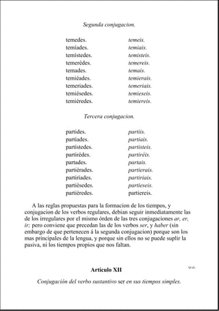 A las reglas propuestas para la formacion de los tiempos, y
conjugacion de los verbos regulares, debian seguir inmediatamente las
de los irregulares por el mismo órden de las tres conjugaciones ar, er,
ir; pero conviene que precedan las de los verbos ser, y haber (sin
embargo de que pertenecen á la segunda conjugacion) porque son los
mas principales de la lengua, y porque sin ellos no se puede suplir la
pasiva, ni los tiempos propios que nos faltan.
Artículo XII
Conjugación del verbo sustantivo ser en sus tiempos simples.
Segunda conjugacion.
temedes. temeis.
temíades. temiais.
temístedes. temisteis.
temerédes. temereis.
temades. temais.
temiéades. temierais.
temeriades. temeriais.
temiésedes. temieseis.
temiéredes. temiereis.
Tercera conjugacion.
partides. partiis.
partíades. partiais.
partístedes. partisteis.
partirédes. partiréis.
partades. partais.
partiérades. partierais.
partiríades. partiriais.
partiésedes. partieseis.
partiéredes. partiereis.
 