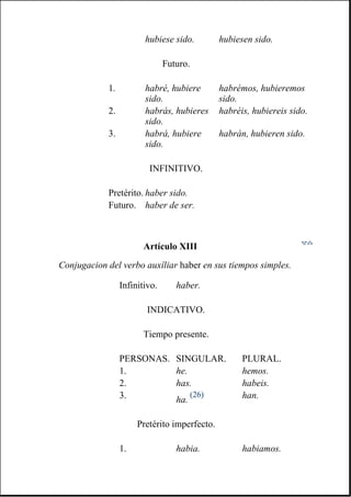 Artículo XIII
Conjugacion del verbo auxîliar haber en sus tiempos simples.
hubiese sido. hubiesen sido.
Futuro.
1. habré, hubiere
sido.
habrémos, hubieremos
sido.
2. habrás, hubieres
sido.
habréis, hubiereis sido.
3. habrá, hubiere
sido.
habrán, hubieren sido.
INFINITIVO.
Pretérito. haber sido.
Futuro. haber de ser.
Infinitivo. haber.
INDICATIVO.
Tiempo presente.
PERSONAS. SINGULAR. PLURAL.
1. he. hemos.
2. has. habeis.
3. ha.
(26) han.
Pretérito imperfecto.
1. habia. habiamos.
 