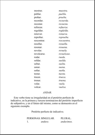 ANDAR.
Este verbo tiene su irregularidad en el pretérito perfecto de
indicativo, en la primera y tercera terminacion del pretérito imperfecto
de subjuntivo, y en el futuro del mismo, como se demuestra en el
siguiente exemplo.
mostrar. muestra.
poblar. puebla.
probar. prueba.
recordar. recuerda.
recostar. recuesta.
reforzar. refuerza.
regoldar. regüelda.
renovar. renueva.
reprobar. reprueba.
rescontrar. rescuentra.
resollar. resuella.
resonar. resuena.
revolar. revuela.
revolcarse. revuelcase.
rodar. rueda.
soldar. suelda.
soltar. suelta.
sonar. suena.
soñar. sueña.
tostar. tuesta.
trocar. trueca.
tronar. truena.
volar. vuela.
volcar. vuelca.
Pretérito perfecto de indicativo.
PERSONAS. SINGULAR. PLURAL.
1. anduve. anduvimos.
 