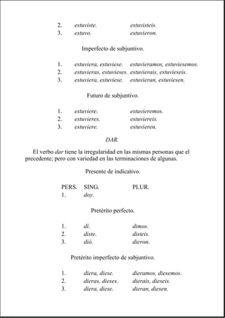 DAR.
El verbo dar tiene la irregularidad en las mismas personas que el
precedente; pero con variedad en las terminaciones de algunas.
2. estuviste. estuvisteis.
3. estuvo. estuvieron.
Imperfecto de subjuntivo.
1. estuviera, estuviese. estuvieramos, estuviesemos.
2. estuvieras, estuvieses. estuvierais, estuvieseis.
3. estuviera, estuviese. estuvieran, estuviesen.
Futuro de subjuntivo.
1. estuviere. estuvieremos.
2. estuvieres. estuviereis.
3. estuviere. estuvieren.
Presente de indicativo.
PERS. SING. PLUR.
1. doy.
Pretérito perfecto.
1. dí. dimos.
2. diste. disteis.
3. dió. dieron.
Pretérito imperfecto de subjuntivo.
1. diera, diese. dieramos, diesemos.
2. dieras, dieses. dierais, dieseis.
3. diera, diese. dieran, diesen.
 