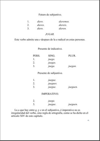 JUGAR.
Este verbo admite una e despues de la u radical en estas personas.
La u que hay entre g, y e en el subjuntivo, é imperativo no es
irregularidad del verbo, sino regla de ortografía, como se ha dicho en el
artículo XIV de este capítulo.
Futuro de subjuntivo.
1. diere. dieremos.
2. dieres. diereis.
3. diere. dieren.
Presente de indicativo.
PERS. SING. PLUR.
1. juego.
2. juegas.
3. juega. juegan.
Presente de subjuntivo.
1. juegue.
2. juegues.
3. juegue. jueguen.
IMPERATIVO.
2. juega.
3. juegue. jueguen.
 