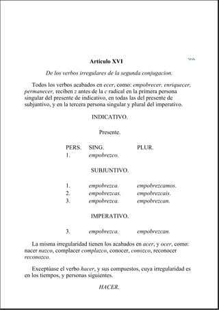 Artículo XVI
De los verbos irregulares de la segunda conjugacion.
Todos los verbos acabados en ecer, como: empobrecer, enriquecer,
permanecer, reciben z antes de la c radical en la primera persona
singular del presente de indicativo, en todas las del presente de
subjuntivo, y en la tercera persona singular y plural del imperativo.
La misma irregularidad tienen los acabados en acer, y ocer, como:
nacer nazco, complacer complazco, conocer, conozco, reconocer
reconozco.
Exceptúase el verbo hacer, y sus compuestos, cuya irregularidad es
en los tiempos, y personas siguientes.
HACER.
INDICATIVO.
Presente.
PERS. SING. PLUR.
1. empobrezco.
SUBJUNTIVO.
1. empobrezca. empobrezcamos.
2. empobrezcas. empobrezcais.
3. empobrezca. empobrezcan.
IMPERATIVO.
3. empobrezca. empobrezcan.
 