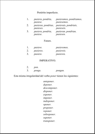 Esta misma irregularidad del verbo poner tienen los siguientes:
Pretérito imperfecto.
1. pusiera, pondria,
pusiese.
pusieramos, pondriamos,
pusiesemos.
2. pusieras, pondrias,
pusieses.
pusierais, pondriais,
pusieseis.
3. pusiera, pondria,
pusiese.
pusieran, pondrian,
pusiesen.
Futuro.
1. pusiere. pusieremos.
2. pusieres. pusiereis.
3. pusiere. pusieren.
IMPERATIVO.
2. pon.
3. ponga. pongan.
anteponer.
deponer.
descomponer.
disponer.
exponer.
imponer.
indisponer.
oponer.
proponer.
reponer.
sobreponer.
suponer.
transponer.
 