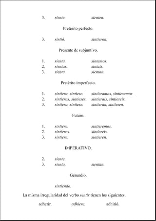 La misma irregularidad del verbo sentir tienen los siguientes.
3. siente. sienten.
Pretérito perfecto.
3. sintió. sintieron.
Presente de subjuntivo.
1. sienta. sintamos.
2. sientas. sintais.
3. sienta. sientan.
Pretérito imperfecto.
1. sintiera, sintiese. sintieramos, sintiesemos.
2. sintieras, sintieses. sintierais, sintieseis.
3. sintiera, sintiese. sintieran, sintiesen.
Futuro.
1. sintiere. sintieremos.
2. sintieres. sintiereis.
3. sintiere. sintieren.
IMPERATIVO.
2. siente.
3. sienta. sientan.
Gerundio.
sintiendo.
adherir. adhiere. adhirió.
 
