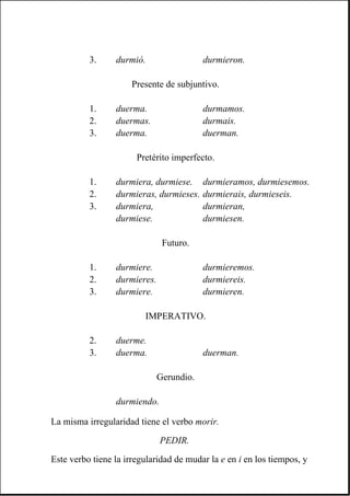 La misma irregularidad tiene el verbo morir.
PEDIR.
Este verbo tiene la irregularidad de mudar la e en i en los tiempos, y
3. durmió. durmieron.
Presente de subjuntivo.
1. duerma. durmamos.
2. duermas. durmais.
3. duerma. duerman.
Pretérito imperfecto.
1. durmiera, durmiese. durmieramos, durmiesemos.
2. durmieras, durmieses. durmierais, durmieseis.
3. durmiera, durmieran,
durmiese. durmiesen.
Futuro.
1. durmiere. durmieremos.
2. durmieres. durmiereis.
3. durmiere. durmieren.
IMPERATIVO.
2. duerme.
3. duerma. duerman.
Gerundio.
durmiendo.
 