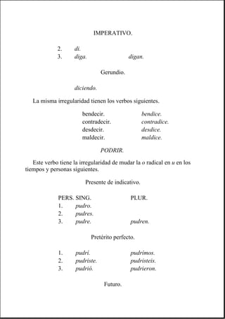 La misma irregularidad tienen los verbos siguientes.
PODRIR.
Este verbo tiene la irregularidad de mudar la o radical en u en los
tiempos y personas siguientes.
IMPERATIVO.
2. di.
3. diga. digan.
Gerundio.
diciendo.
bendecir. bendice.
contradecir. contradice.
desdecir. desdice.
maldecir. maldice.
Presente de indicativo.
PERS. SING. PLUR.
1. pudro.
2. pudres.
3. pudre. pudren.
Pretérito perfecto.
1. pudrí. pudrímos.
2. pudriste. pudristeis.
3. pudrió. pudrieron.
Futuro.
 