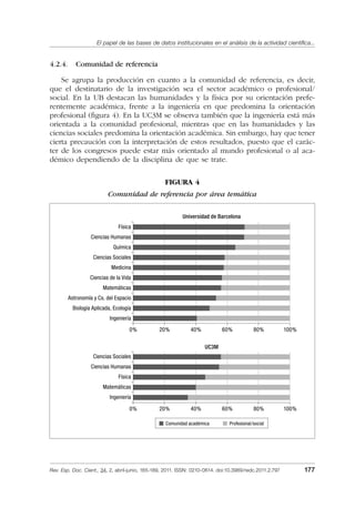 El papel de las bases de datos institucionales en el análisis de la actividad cientíﬁca...
Rev. Esp. Doc. Cient., 34, 2, abril-junio, 165-189, 2011. ISSN: 0210-0614. doi:10.3989/redc.2011.2.797 177
4.2.4. Comunidad de referencia
Se agrupa la producción en cuanto a la comunidad de referencia, es decir,
que el destinatario de la investigación sea el sector académico o profesional/
social. En la UB destacan las humanidades y la física por su orientación prefe-
rentemente académica, frente a la ingeniería en que predomina la orientación
profesional (ﬁgura 4). En la UC3M se observa también que la ingeniería está más
orientada a la comunidad profesional, mientras que en las humanidades y las
ciencias sociales predomina la orientación académica. Sin embargo, hay que tener
cierta precaución con la interpretación de estos resultados, puesto que el carác-
ter de los congresos puede estar más orientado al mundo profesional o al aca-
démico dependiendo de la disciplina de que se trate.
FIGURA 4
Comunidad de referencia por área temática
Física
Ciencias Humanas
Química
Ciencias Sociales
Medicina
Ciencias de la Vida
Matemáticas
Astronomía y Cs. del Espacio
Biología Aplicada, Ecología
Ingeniería
Universidad de Barcelona
0% 20% 40% 60% 80% 100%
UC3M
Ciencias Sociales
Ciencias Humanas
Física
Matemáticas
Ingeniería
0% 20% 40% 60% 80% 100%
Comunidad académica Profesional/social
02_Rev_34_2_797.indd 17702_Rev_34_2_797.indd 177 06/05/11 10:1006/05/11 10:10
 