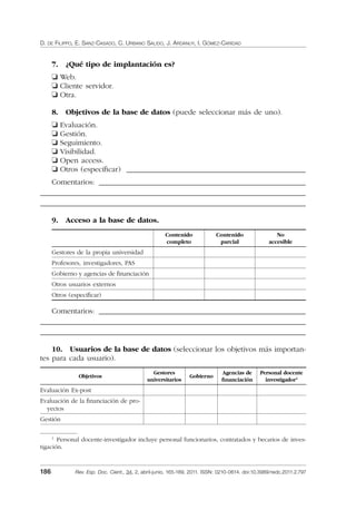 D. DE FILIPPO, E. SANZ-CASADO, C. URBANO SALIDO, J. ARDANUY, I. GÓMEZ-CARIDAD
186 Rev. Esp. Doc. Cient., 34, 2, abril-junio, 165-189, 2011. ISSN: 0210-0614. doi:10.3989/redc.2011.2.797
7. ¿Qué tipo de implantación es?
❏ Web.
❏ Cliente servidor.
❏ Otra.
8. Objetivos de la base de datos (puede seleccionar más de uno).
❏ Evaluación.
❏ Gestión.
❏ Seguimiento.
❏ Visibilidad.
❏ Open access.
❏ Otros (especiﬁcar) ____________________________________________________
Comentarios: ____________________________________________________________
_____________________________________________________________________________
_____________________________________________________________________________
9. Acceso a la base de datos.
Contenido
completo
Contenido
parcial
No
accesible
Gestores de la propia universidad
Profesores, investigadores, PAS
Gobierno y agencias de ﬁnanciación
Otros usuarios externos
Otros (especiﬁcar)
Comentarios: ____________________________________________________________
_____________________________________________________________________________
_____________________________________________________________________________
10. Usuarios de la base de datos (seleccionar los objetivos más importan-
tes para cada usuario).1
Objetivos
Gestores
universitarios
Gobierno
Agencias de
ﬁnanciación
Personal docente
investigador1
Evaluación Ex-post
Evaluación de la ﬁnanciación de pro-
yectos
Gestión
1
Personal docente-investigador incluye personal funcionarios, contratados y becarios de inves-
tigación.
02_Rev_34_2_797.indd 18602_Rev_34_2_797.indd 186 06/05/11 10:1006/05/11 10:10
 