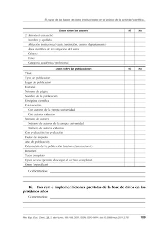 El papel de las bases de datos institucionales en el análisis de la actividad cientíﬁca...
Rev. Esp. Doc. Cient., 34, 2, abril-junio, 165-189, 2011. ISSN: 0210-0614. doi:10.3989/redc.2011.2.797 189
Datos sobre los autores Sí No
2. Autor(es) externo(s)
Nombre y apellido
Aﬁliación institucional (país, institución, centro, departamento)
Área cientíﬁca de investigación del autor
Género
Edad
Categoría académica/profesional
Datos sobre las publicaciones Sí No
Título
Tipo de publicación
Lugar de publicación
Editorial
Número de página
Nombre de la publicación
Disciplina cientíﬁca
Colaboración
Con autores de la propia universidad
Con autores externos
Número de autores
Número de autores de la propia universidad
Número de autores externos
Con evaluación/sin evaluación
Factor de impacto
Año de publicación
Orientación de la publicación (nacional/internacional)
Resumen
Texto completo
Open access (permite descargar el archivo completo)
Otros (especiﬁcar)
Comentarios: ____________________________________________________________
_____________________________________________________________________________
_____________________________________________________________________________
16. Uso real e implementaciones previstas de la base de datos en los
próximos años
Comentarios: ____________________________________________________________
_____________________________________________________________________________
_____________________________________________________________________________
02_Rev_34_2_797.indd 18902_Rev_34_2_797.indd 189 06/05/11 10:1006/05/11 10:10
 