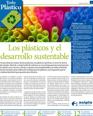 Todo                                                                                                                                                                   1


Plástico
                                                                                                                                                          TODO PLÁSTICO




                                                                                                                                           ¿Sabías que...?
                                                                                                                                           •	200 kilos menos pesan los automó-
                                                                                                                                             viles, gracias a los plásticos. Esto los
                                                                                                                                             hace emitir 7 veces menos carbono.

                                                                                                                                           • genera cerca de 2,7 Kg. de CO2, una
                                                                                                                                            	1 kilo de plástico producido en Chile

                                                                                                                                              emisión competitiva a nivel interna-
                                                                                                                                              cional.

                                                                                                                                           •	 En 18% redujo Milo de Nestlé su
                                                                                                                                              huella de carbono, al crear hace tres
                                                                                                                                              meses un envase completamente
                                                                                                                                              de plástico.

                                                                                                                                           •	 El 15% de la producción nacional de




  Los plásticos y el
                                                                                                                                              plásticos se recicla, es decir, alrede-
                                                                                                                                              dor de 12.000 toneladas al año.

                                                                                                                                           •	 95% de las bolsas plásticas se reuti-
                                                                                                                                              lizan en los hogares chilenos.

                                                                                                                                           •	 30% de plástico reciclado utiliza la
                                                                                                                                              empresa Comberplast para fabricar




desarrollo sustentable
                                                                                                                                              las cajas de Coca-Cola.
                                                                                                                                           •	 El consumo per cápita de plásticos
                                                                                                                                              en Chile es de 47 Kg., un poco ma-
                                                                                                                                              yor al promedio de Latinoamérica
                                                                                                                                              que se sitúa en el 30 Kgs. Mientras
                                                                                                                                              que en EE.UU. es de 177 Kg.


Ya que alivianan el peso de los productos, los plásticos significan un enorme ahorro
                                                                                                                                           •	 El 50% de las botellas de bebidas
                                                                                                                                              gaseosas no retornables pueden
                                                                                                                                              ser recicladas en Chile por Recipet,
de energía. Además, su baja huella de carbono, es una ventaja para las empresas que                                                           una de las plantas con más alta
                                                                                                                                              tecnología del mundo en reciclaje
lo utilizan como insumo, siendo un aporte a la competitividad y al medio ambiente.                                                            y aprobada por la Food and Drug
                                                                                                                                              Administration (FDA) de Estados
Sentar las bases de la cadena de reciclaje para los plásticos, es el siguiente aporte                                                         Unidos para transformar estas
                                                                                                                                              botellas en envases aptos para
medioambiental al que apuesta esta industria.                                                                                                 alimentos.


Los plásticos son reciclables y reutiliza-    todas las industrias que los utilizan como    En efecto, mientras más avanzado está un       ámbitos: medioambiental, social y labo-
bles. Por ello, y con el firme compromiso     insumos. Por ejemplo, al incluirse en par-    país, más plástico utiliza en todas sus in-    ral. Ejemplo de este último, es el reciente
de proteger nuestro planeta, los fabri-       tes y piezas de vehículos motorizados,        dustrias, porque se trata de emplear ma-       Diálogo Social que sostuvo Asipla con la
cantes chilenos de productos plásticos in-    alivianan considerablemente el peso de        teriales con mayor desarrollo tecnológico.     La Confederación Nacional de Trabaja-
centivan el reciclaje y se han ocupado de     la máquina, lo que permite que el motor       Así, Estados Unidos tiene un consumo           dores del Plástico (Conatrap) y la Subse-
medir su huella de carbono, donde la Aso-     necesite menos combustible para su mar-       per cápita de plásticos de 177 Kgs,. y no-     cretaría del Trabajo, donde se plantearon
ciación Gremial de Industriales del Plás-     cha, y por ende, reduzca las emisiones de     sotros un poco menos de la tercera parte       importantes acuerdos en beneficio de los
tico (Asipla), promueve esta acción entre     dióxido de carbono al medio ambiente.         de ese consumo, pero, estamos por sobre        trabajadores. Cabe destacar que 20.000
sus integrantes formando una alianza                                                        el promedio de América Latina. Precisa-        colaboradores hacen posible que la in-
estratégica con la certificadora de CO2,       Y siguiendo la senda de cuidar el medio      mente esos antecedentes de la industria,       dustria chilena del plástico cumpla con los
Green Solutions.                              ambiente, hay ejemplos de empresas que        se dieron a conocer en la primera feria de     más altos estándares de calidad en la pro-
                                              fabrican plásticos de última generación,      reciclaje de plástico “Vive Reciclaje 2011”.   ducción del material.
Pero además de medir la huella de car-        los que se obtienen de materias primas        No obstante, en ella el eje principal fue
bono, existe el compromiso gremial de         de fuentes renovables, tales como maíz,       educar a los visitantes sobre los tipos de
seguir disminuyendo esta marca, la que        algas, caña de azúcar, entre otras. Es de-    plásticos; cómo identificarlos, reciclarlos
arrojó cifras positivas en 2010. Es en este   cir, existe la clara tendencia de innovar y   y reutilizarlos.
sentido que los plásticos dan un paso ade-    de sumar alta tecnología en el desarrollo     Como se aprecia, Asipla promueve ac-
lante, creando ventajas competitivas para     de los productos plásticos.                   ciones responsables en tres importantes




3      El quehacer de la Asocia-
       ción Gremial de Industria-
       les del Plástico, Asipla               4    Conoce los siete
                                                   mitos en torno
                                                   al plástico           6       La huella de carbono
                                                                                 en la industria del
                                                                                 plástico                      8        “Vive Reciclaje
                                                                                                                        2011”, la primera
                                                                                                                        feria de Asipla         12           Una industria
                                                                                                                                                             comprometida con
                                                                                                                                                             el medio ambiente
 