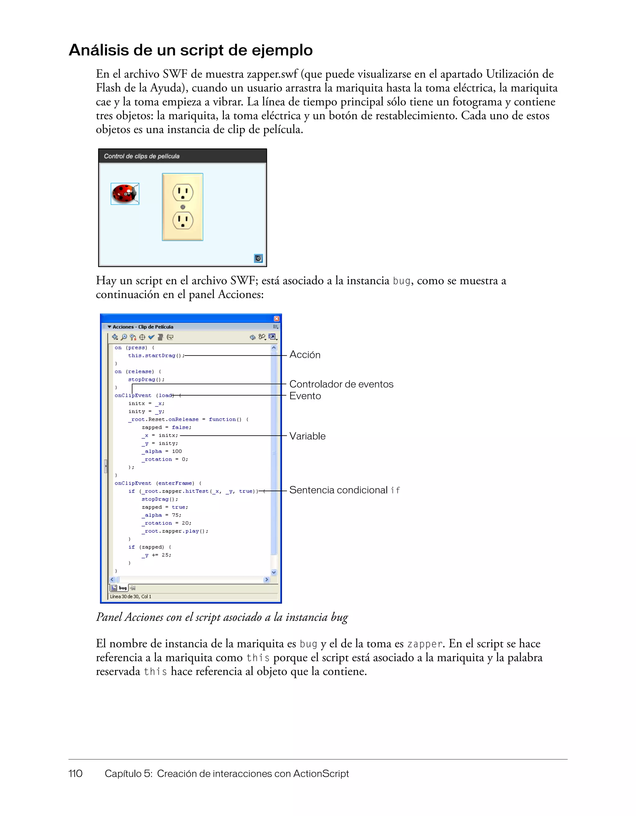 110 Capítulo 5: Creación de interacciones con ActionScript
Análisis de un script de ejemplo
En el archivo SWF de muestra zapper.swf (que puede visualizarse en el apartado Utilización de
Flash de la Ayuda), cuando un usuario arrastra la mariquita hasta la toma eléctrica, la mariquita
cae y la toma empieza a vibrar. La línea de tiempo principal sólo tiene un fotograma y contiene
tres objetos: la mariquita, la toma eléctrica y un botón de restablecimiento. Cada uno de estos
objetos es una instancia de clip de película.
Hay un script en el archivo SWF; está asociado a la instancia bug, como se muestra a
continuación en el panel Acciones:
Panel Acciones con el script asociado a la instancia bug
El nombre de instancia de la mariquita es bug y el de la toma es zapper. En el script se hace
referencia a la mariquita como this porque el script está asociado a la mariquita y la palabra
reservada this hace referencia al objeto que la contiene.
Controlador de eventos
Acción
Variable
Sentencia condicional if
Evento
 