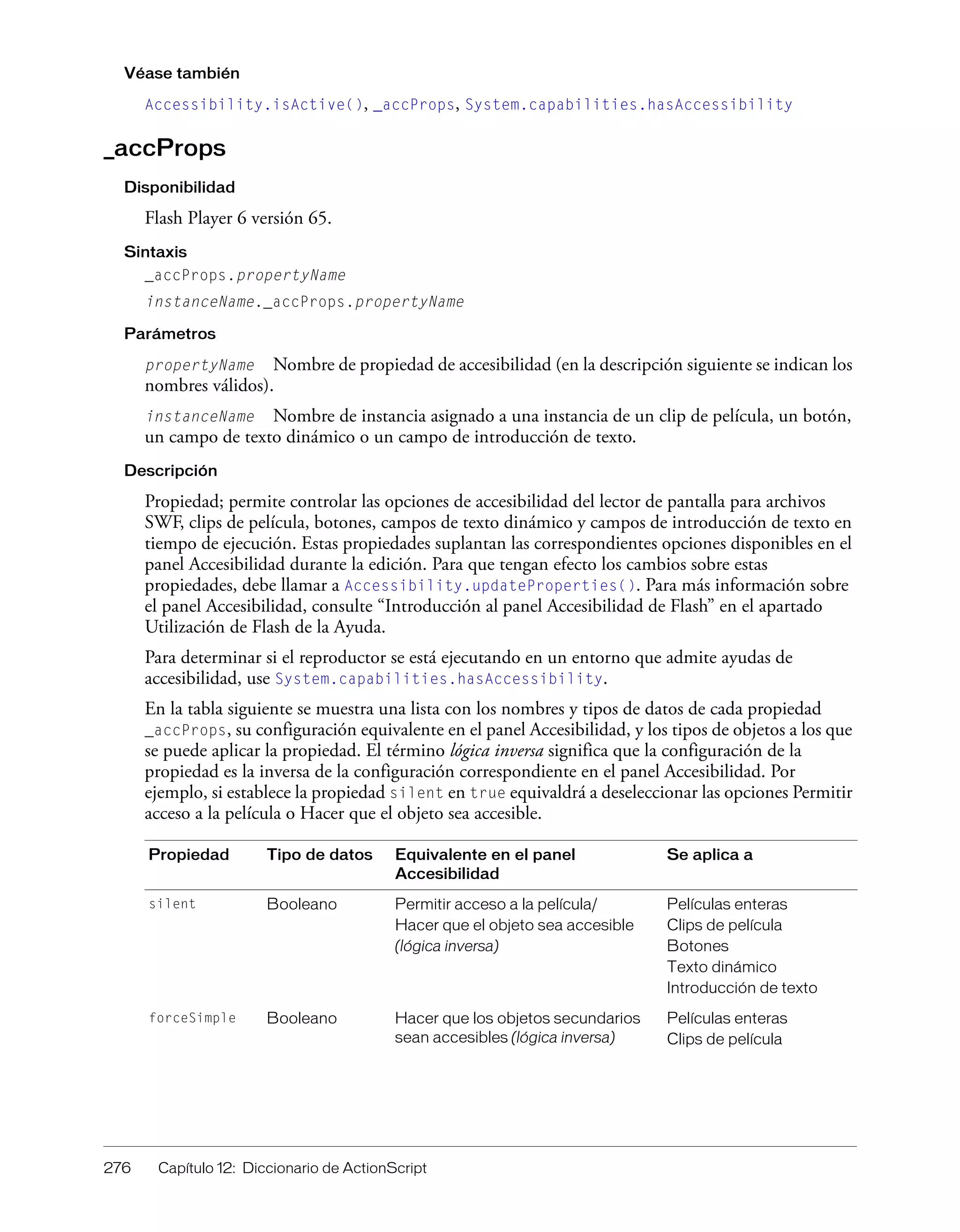 276 Capítulo 12: Diccionario de ActionScript
Véase también
Accessibility.isActive(), _accProps, System.capabilities.hasAccessibility
_accProps
Disponibilidad
Flash Player 6 versión 65.
Sintaxis
_accProps.propertyName
instanceName._accProps.propertyName
Parámetros
propertyName Nombre de propiedad de accesibilidad (en la descripción siguiente se indican los
nombres válidos).
instanceName Nombre de instancia asignado a una instancia de un clip de película, un botón,
un campo de texto dinámico o un campo de introducción de texto.
Descripción
Propiedad; permite controlar las opciones de accesibilidad del lector de pantalla para archivos
SWF, clips de película, botones, campos de texto dinámico y campos de introducción de texto en
tiempo de ejecución. Estas propiedades suplantan las correspondientes opciones disponibles en el
panel Accesibilidad durante la edición. Para que tengan efecto los cambios sobre estas
propiedades, debe llamar a Accessibility.updateProperties(). Para más información sobre
el panel Accesibilidad, consulte “Introducción al panel Accesibilidad de Flash” en el apartado
Utilización de Flash de la Ayuda.
Para determinar si el reproductor se está ejecutando en un entorno que admite ayudas de
accesibilidad, use System.capabilities.hasAccessibility.
En la tabla siguiente se muestra una lista con los nombres y tipos de datos de cada propiedad
_accProps, su configuración equivalente en el panel Accesibilidad, y los tipos de objetos a los que
se puede aplicar la propiedad. El término lógica inversa significa que la configuración de la
propiedad es la inversa de la configuración correspondiente en el panel Accesibilidad. Por
ejemplo, si establece la propiedad silent en true equivaldrá a deseleccionar las opciones Permitir
acceso a la película o Hacer que el objeto sea accesible.
Propiedad Tipo de datos Equivalente en el panel
Accesibilidad
Se aplica a
silent Booleano Permitir acceso a la película/
Hacer que el objeto sea accesible
(lógica inversa)
Películas enteras
Clips de película
Botones
Texto dinámico
Introducción de texto
forceSimple Booleano Hacer que los objetos secundarios
sean accesibles (lógica inversa)
Películas enteras
Clips de película
 
