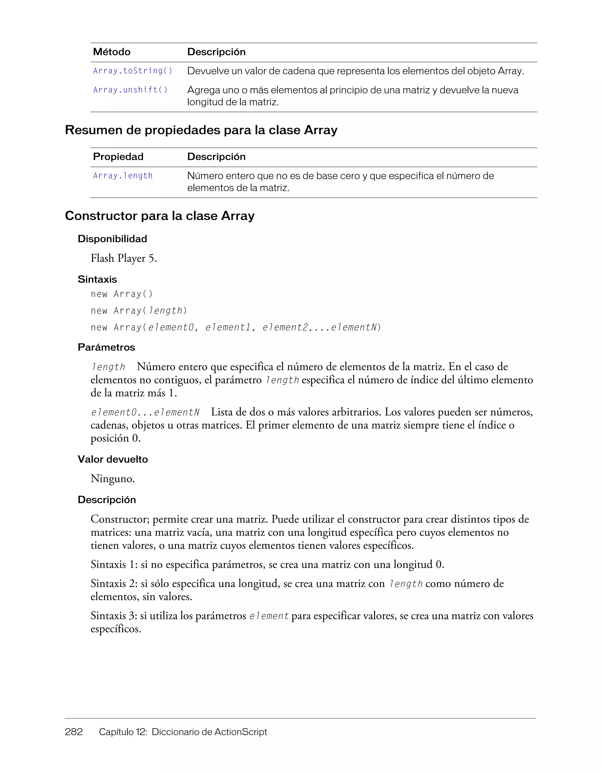 282 Capítulo 12: Diccionario de ActionScript
Resumen de propiedades para la clase Array
Constructor para la clase Array
Disponibilidad
Flash Player 5.
Sintaxis
new Array()
new Array(length)
new Array(element0, element1, element2,...elementN)
Parámetros
length Número entero que especifica el número de elementos de la matriz. En el caso de
elementos no contiguos, el parámetro length especifica el número de índice del último elemento
de la matriz más 1.
element0...elementN Lista de dos o más valores arbitrarios. Los valores pueden ser números,
cadenas, objetos u otras matrices. El primer elemento de una matriz siempre tiene el índice o
posición 0.
Valor devuelto
Ninguno.
Descripción
Constructor; permite crear una matriz. Puede utilizar el constructor para crear distintos tipos de
matrices: una matriz vacía, una matriz con una longitud específica pero cuyos elementos no
tienen valores, o una matriz cuyos elementos tienen valores específicos.
Sintaxis 1: si no especifica parámetros, se crea una matriz con una longitud 0.
Sintaxis 2: si sólo especifica una longitud, se crea una matriz con length como número de
elementos, sin valores.
Sintaxis 3: si utiliza los parámetros element para especificar valores, se crea una matriz con valores
específicos.
Array.toString() Devuelve un valor de cadena que representa los elementos del objeto Array.
Array.unshift() Agrega uno o más elementos al principio de una matriz y devuelve la nueva
longitud de la matriz.
Propiedad Descripción
Array.length Número entero que no es de base cero y que especifica el número de
elementos de la matriz.
Método Descripción
 