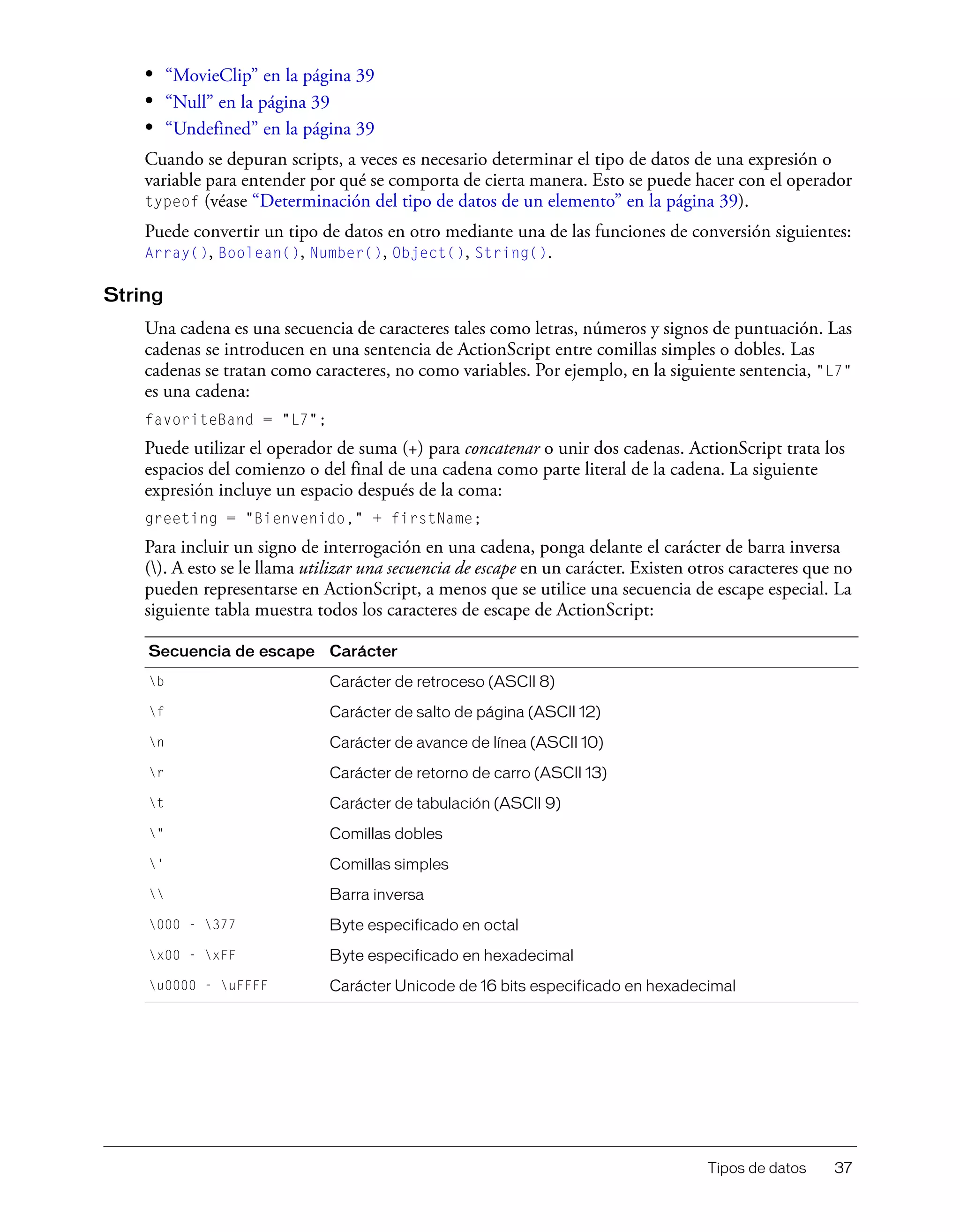 Tipos de datos 37
• “MovieClip” en la página 39
• “Null” en la página 39
• “Undefined” en la página 39
Cuando se depuran scripts, a veces es necesario determinar el tipo de datos de una expresión o
variable para entender por qué se comporta de cierta manera. Esto se puede hacer con el operador
typeof (véase “Determinación del tipo de datos de un elemento” en la página 39).
Puede convertir un tipo de datos en otro mediante una de las funciones de conversión siguientes:
Array(), Boolean(), Number(), Object(), String().
String
Una cadena es una secuencia de caracteres tales como letras, números y signos de puntuación. Las
cadenas se introducen en una sentencia de ActionScript entre comillas simples o dobles. Las
cadenas se tratan como caracteres, no como variables. Por ejemplo, en la siguiente sentencia, "L7"
es una cadena:
favoriteBand = "L7";
Puede utilizar el operador de suma (+) para concatenar o unir dos cadenas. ActionScript trata los
espacios del comienzo o del final de una cadena como parte literal de la cadena. La siguiente
expresión incluye un espacio después de la coma:
greeting = "Bienvenido," + firstName;
Para incluir un signo de interrogación en una cadena, ponga delante el carácter de barra inversa
(). A esto se le llama utilizar una secuencia de escape en un carácter. Existen otros caracteres que no
pueden representarse en ActionScript, a menos que se utilice una secuencia de escape especial. La
siguiente tabla muestra todos los caracteres de escape de ActionScript:
Secuencia de escape Carácter
b Carácter de retroceso (ASCII 8)
f Carácter de salto de página (ASCII 12)
n Carácter de avance de línea (ASCII 10)
r Carácter de retorno de carro (ASCII 13)
t Carácter de tabulación (ASCII 9)
" Comillas dobles
' Comillas simples
 Barra inversa
000 - 377 Byte especificado en octal
x00 - xFF Byte especificado en hexadecimal
u0000 - uFFFF Carácter Unicode de 16 bits especificado en hexadecimal
 