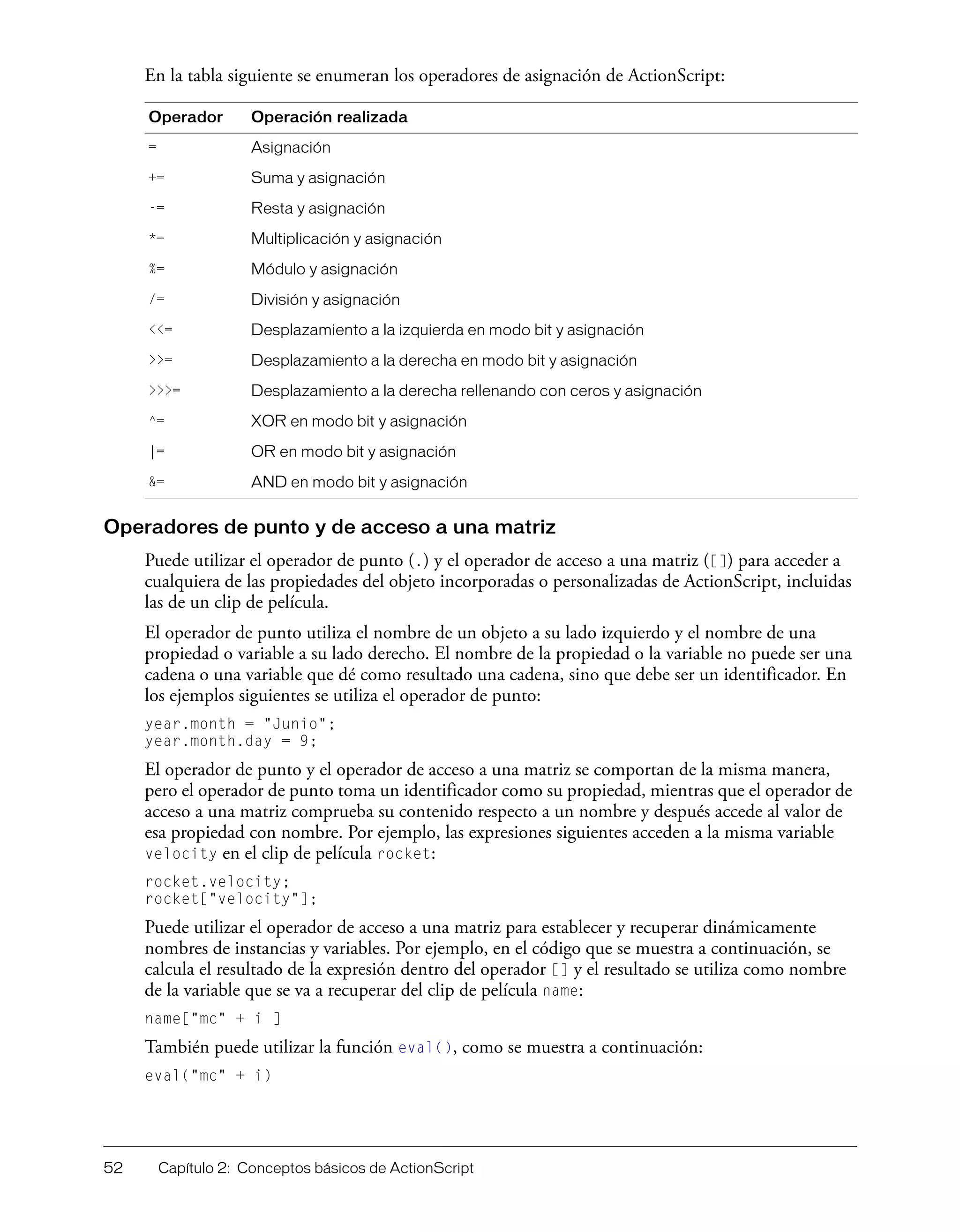 52 Capítulo 2: Conceptos básicos de ActionScript
En la tabla siguiente se enumeran los operadores de asignación de ActionScript:
Operadores de punto y de acceso a una matriz
Puede utilizar el operador de punto (.) y el operador de acceso a una matriz ([]) para acceder a
cualquiera de las propiedades del objeto incorporadas o personalizadas de ActionScript, incluidas
las de un clip de película.
El operador de punto utiliza el nombre de un objeto a su lado izquierdo y el nombre de una
propiedad o variable a su lado derecho. El nombre de la propiedad o la variable no puede ser una
cadena o una variable que dé como resultado una cadena, sino que debe ser un identificador. En
los ejemplos siguientes se utiliza el operador de punto:
year.month = "Junio";
year.month.day = 9;
El operador de punto y el operador de acceso a una matriz se comportan de la misma manera,
pero el operador de punto toma un identificador como su propiedad, mientras que el operador de
acceso a una matriz comprueba su contenido respecto a un nombre y después accede al valor de
esa propiedad con nombre. Por ejemplo, las expresiones siguientes acceden a la misma variable
velocity en el clip de película rocket:
rocket.velocity;
rocket["velocity"];
Puede utilizar el operador de acceso a una matriz para establecer y recuperar dinámicamente
nombres de instancias y variables. Por ejemplo, en el código que se muestra a continuación, se
calcula el resultado de la expresión dentro del operador [] y el resultado se utiliza como nombre
de la variable que se va a recuperar del clip de película name:
name["mc" + i ]
También puede utilizar la función eval(), como se muestra a continuación:
eval("mc" + i)
Operador Operación realizada
= Asignación
+= Suma y asignación
-= Resta y asignación
*= Multiplicación y asignación
%= Módulo y asignación
/= División y asignación
<<= Desplazamiento a la izquierda en modo bit y asignación
>>= Desplazamiento a la derecha en modo bit y asignación
>>>= Desplazamiento a la derecha rellenando con ceros y asignación
^= XOR en modo bit y asignación
|= OR en modo bit y asignación
&= AND en modo bit y asignación
 