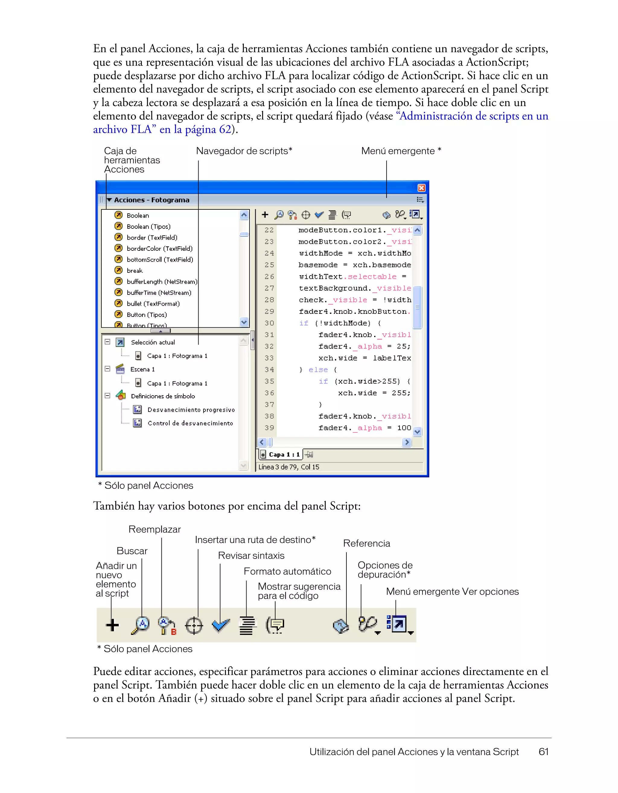 Utilización del panel Acciones y la ventana Script 61
En el panel Acciones, la caja de herramientas Acciones también contiene un navegador de scripts,
que es una representación visual de las ubicaciones del archivo FLA asociadas a ActionScript;
puede desplazarse por dicho archivo FLA para localizar código de ActionScript. Si hace clic en un
elemento del navegador de scripts, el script asociado con ese elemento aparecerá en el panel Script
y la cabeza lectora se desplazará a esa posición en la línea de tiempo. Si hace doble clic en un
elemento del navegador de scripts, el script quedará fijado (véase “Administración de scripts en un
archivo FLA” en la página 62).
También hay varios botones por encima del panel Script:
Puede editar acciones, especificar parámetros para acciones o eliminar acciones directamente en el
panel Script. También puede hacer doble clic en un elemento de la caja de herramientas Acciones
o en el botón Añadir (+) situado sobre el panel Script para añadir acciones al panel Script.
Caja de
herramientas
Acciones
Navegador de scripts* Menú emergente *
* Sólo panel Acciones
Menú emergente Ver opciones
Opciones de
depuración*
* Sólo panel Acciones
Referencia
Reemplazar
Buscar
Añadir un
nuevo
elemento
al script
Insertar una ruta de destino*
Revisar sintaxis
Formato automático
Mostrar sugerencia
para el código
 