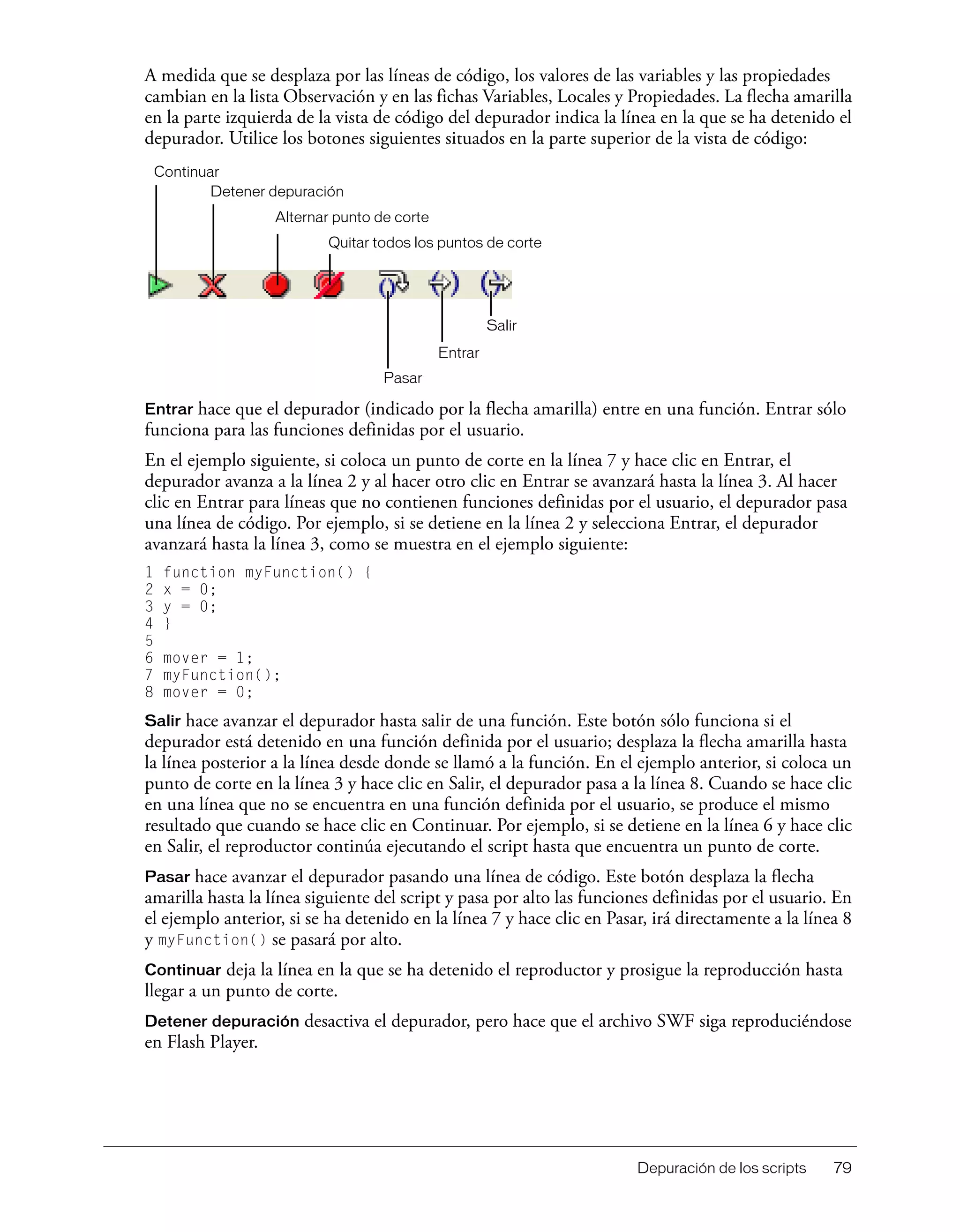 Depuración de los scripts 79
A medida que se desplaza por las líneas de código, los valores de las variables y las propiedades
cambian en la lista Observación y en las fichas Variables, Locales y Propiedades. La flecha amarilla
en la parte izquierda de la vista de código del depurador indica la línea en la que se ha detenido el
depurador. Utilice los botones siguientes situados en la parte superior de la vista de código:
Entrar hace que el depurador (indicado por la flecha amarilla) entre en una función. Entrar sólo
funciona para las funciones definidas por el usuario.
En el ejemplo siguiente, si coloca un punto de corte en la línea 7 y hace clic en Entrar, el
depurador avanza a la línea 2 y al hacer otro clic en Entrar se avanzará hasta la línea 3. Al hacer
clic en Entrar para líneas que no contienen funciones definidas por el usuario, el depurador pasa
una línea de código. Por ejemplo, si se detiene en la línea 2 y selecciona Entrar, el depurador
avanzará hasta la línea 3, como se muestra en el ejemplo siguiente:
1 function myFunction() {
2 x = 0;
3 y = 0;
4 }
5
6 mover = 1;
7 myFunction();
8 mover = 0;
Salir hace avanzar el depurador hasta salir de una función. Este botón sólo funciona si el
depurador está detenido en una función definida por el usuario; desplaza la flecha amarilla hasta
la línea posterior a la línea desde donde se llamó a la función. En el ejemplo anterior, si coloca un
punto de corte en la línea 3 y hace clic en Salir, el depurador pasa a la línea 8. Cuando se hace clic
en una línea que no se encuentra en una función definida por el usuario, se produce el mismo
resultado que cuando se hace clic en Continuar. Por ejemplo, si se detiene en la línea 6 y hace clic
en Salir, el reproductor continúa ejecutando el script hasta que encuentra un punto de corte.
Pasar hace avanzar el depurador pasando una línea de código. Este botón desplaza la flecha
amarilla hasta la línea siguiente del script y pasa por alto las funciones definidas por el usuario. En
el ejemplo anterior, si se ha detenido en la línea 7 y hace clic en Pasar, irá directamente a la línea 8
y myFunction() se pasará por alto.
Continuar deja la línea en la que se ha detenido el reproductor y prosigue la reproducción hasta
llegar a un punto de corte.
Detener depuración desactiva el depurador, pero hace que el archivo SWF siga reproduciéndose
en Flash Player.
Detener depuración
Alternar punto de corte
Quitar todos los puntos de corte
Continuar
Pasar
Entrar
Salir
 