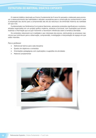 Referenciais Expoente | Ensino Fundamental – 1o
. ao 5o
. ano18
O material didático destinado ao Ensino Fundamental de 9 anos foi pensado e elaborado para promo-
ver o desenvolvimento das habilidades e atitudes necessárias para a construção do conhecimento e para
a preparação dos alunos para a compreensão das leis da natureza e da dimensão histórica da realidade
em que vive.
Fundamentado nos Parâmetros Curriculares Nacionais, apresenta conteúdos significativos e contextu-
alizados organizados em um projeto gráfico moderno, atraente e funcional, com ilustrações que tornam
explícita a informação que se quer transmitir e favorecem inferências sobre a temática abordada.
Os conteúdos relacionam-se à realidade e aos interesses dos alunos, estimulando os processos cog-
nitivos que contribuem para a observação, compreensão, investigação e interpretação do espaço em que
estão inseridos.
Para o professor
•	 Referencial teórico para cada disciplina
•	 Quadro de objetivos e conteúdos
•	 Orientações pedagógicas com explicações e sugestões de atividades
•	 Material complementar
ESTRUTURA DO MATERIAL DIDÁTICO EXPOENTE
Referenciais_1º ao 5º Ano_2014.indd 18 11/09/2013 09:27:20
 