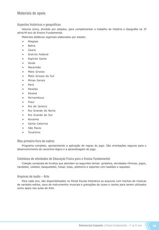 Referenciais Expoente | Ensino Fundamental – 1o
. ao 5o
. ano 19
Aspectos históricos e geográficos
Volume único, dividido por estados, para complementar o trabalho de História e Geografia na 3ª.
série/4º. ano do Ensino Fundamental.
Materiais didáticos regionais elaborados por estado:
•	 Alagoas 	
•	 Bahia 	
•	 Ceará	
•	 Distrito Federal	
•	 Espírito Santo	
•	 Goiás	
•	 Maranhão	
•	 Mato Grosso	
•	 Mato Grosso do Sul
•	 Minas Gerais
•	 Pará
• 	 Paraíba
•	 Paraná
•	 Pernambuco
•	 Piauí
•	 Rio de Janeiro
•	 Rio Grande do Norte
•	 Rio Grande do Sul
•	 Roraima
•	 Santa Catarina
•	 São Paulo
• 	 Tocantins
Meu primeiro livro de xadrez
Programa completo, apresentando a aplicação de regras do jogo. São orientações seguras para o
desenvolvimento do raciocínio lógico e a aprendizagem do jogo.
Coletânea de atividades de Educação Física para o Ensino Fundamental
Coleção composta de livretos que abordam os seguintes temas: ginástica, atividades rítmicas, jogos,
handebol, voleibol, basquetebol, futsal, lutas, atletismo e esportes com bastões e raquetes.
Arquivos de áudio – Arte
Para cada ano, são disponibilizados no Portal Escola Interativa os arquivos com trechos de músicas
de variados estilos, sons de instrumentos musicais e gravações de vozes e cantos para serem utilizados
como apoio nas aulas de Arte.
Materiais de apoio
Referenciais_1º ao 5º Ano_2014.indd 19 12/09/2013 10:07:20
 