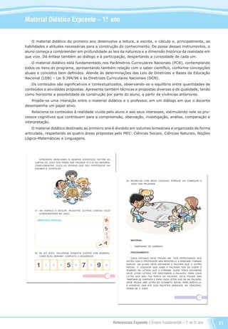 Referenciais Expoente | Ensino Fundamental – 1o
. ao 5o
. ano 21
Material Didático Expoente – 1º. ano
O material didático do primeiro ano desenvolve a leitura, a escrita, o cálculo e, principalmente, as
habilidades e atitudes necessárias para a construção do conhecimento. De posse desses instrumentos, o
aluno começa a compreender em profundidade as leis da natureza e a dimensão histórica da realidade em
que vive. Dá ênfase também ao diálogo e à participação, despertando a curiosidade de cada um.
O material didático está fundamentado nos Parâmetros Curriculares Nacionais (PCN), contemplando
todos os itens do programa, apresentando também relação com o saber científico, conforme concepções
atuais e conceitos bem definidos. Atende às determinações das Leis de Diretrizes e Bases da Educação
Nacional (LDB) – Lei 9.394/96 e às Diretrizes Curriculares Nacionais (DCN).
Os conteúdos são significativos e contextualizados, observando-se o equilíbrio entre quantidades de
conteúdos e atividades propostas. Apresenta também técnicas e propostas diversas e de qualidade, tendo
como horizonte a possibilidade de construção por parte do aluno, a partir de vivências anteriores.
Propõe-se uma interação entre o material didático e o professor, em um diálogo em que o docente
desempenha um papel ativo.
Relaciona os conteúdos à realidade vivida pelo aluno e aos seus interesses, estimulando nele os pro-
cessos cognitivos que contribuem para a compreensão, obervação, investigação, análise, comparação e
interpretação.
O material didático destinado ao primeiro ano é dividido em volumes bimestrais e organizado de forma
articulada, respeitando as quatro áreas propostas pelo MEC: Ciências Sociais, Ciências Naturais, Noções
Lógico-Matemáticas e Linguagens.
Referenciais_1º ao 5º Ano_2014.indd 21 11/09/2013 09:27:23
 
