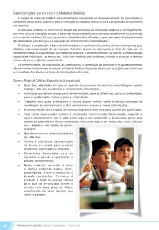 Referenciais Expoente | Ensino Fundamental – 1o
. ao 5o
. ano16
Considerações gerais sobre o Material Didático
A função do material didático está diretamente relacionada ao desenvolvimento de capacidades e
competências do aluno, essencial para a formação de cidadãos críticos e para a progressão da autonomia
nos estudos.
O indivíduo constitui-se como tal em função dos processos de maturação orgânica e, principalmente,
por meio de suas interações sociais, a partir das trocas estabelecidas com seus semelhantes ou do contato
com a escrita mediante leituras, pesquisas e atividades diversificadas, o que promove o desenvolvimento
das habilidades operacionais e a aquisição de conhecimentos sistematizados.
O diálogo, a cooperação, a troca de informações e o confronto dos pontos de vista divergentes pos-
sibilitam o desenvolvimento do ser humano. Portanto, devem ser observados o ritmo de cada um; os
comportamentos; as experiências; as trajetórias pessoais; o contexto familiar; os valores; a ampliação das
capacidades individuais; as trocas etc.; tudo isso mediado pelo professor, visando a alcançar o objetivo
comum de construção do conhecimento.
As demonstrações, as explicações, as justificativas, a construção de conceitos e os questionamentos
são elementos fundamentais inseridos no Material Didático Expoente, bem como situações que incentivam
a curiosidade dos alunos e a troca de informações entre eles.
Como o Material Didático Expoente está organizado
•	 Questões, atividades em que os agentes do processo de ensino e aprendizagem podem
dialogar, discutir, questionar e compartilhar informações.
•	 Atividades que abrem espaço para transformações, para as diferenças, para as contradições,
para a colaboração mútua e para a criatividade.
•	 Trabalhos nos quais professores e alunos podem refletir sobre o próprio processo de
construção de conhecimento e têm autonomia e acesso a novas informações.
•	 O conhecimento não é tratado de maneira dogmática nem esvaziado quanto aos significados.
•	 Tem como pressuposto teórico a concepção construtivista/interacionista, segundo a
qual o conhecimento não é visto como algo a ser consumido e acumulado, posto para
dentro do aprendiz em doses controladas, mas como algo a ser produzido, construído por
ele – sujeito e não objeto da apren-
dizagem.
•	 Questionamentos desencadeadores
de reflexões.
•	 Textos e atividades apresentados
de forma articulada para produzir
diferentes significados e emoções.
•	 Conteúdos abordados para se
aprender a pensar e questionar o
próprio conhecimento.
•	 Neste material, aprender é olhar
o mundo colhendo dados, inter-
pretando-os, transformando-os e
tirando conclusões. Conhecer é
produzir, é fonte de energia interna
para que os envolvidos olhem o
mundo com seus próprios olhos,
acreditando no valor daquilo que
veem e pensam.
Referenciais_1º ao 5º Ano_2014.indd 16 11/09/2013 09:27:18
 