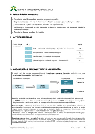 PETÊNCIA A ADQU
1. COMP      AS     UIRIR

  •     Reco
           onhecer o pe pessoal e o potenciall como empr
                      erfil                            reendedor.
  •     Diagnosticar as n
                        necessidades de desenvo
                                   s          olvimento pa favorecer o potencial empreended
                                                         ara       r                      dor.
  •     Cara
           acterizar um n
                        negócio e as atividades iinerentes à sua prossecu
                                   s                         s          ução.
  •     Reco
           onhecer a v viabilidade de uma prop
                                   d         posta de ne
                                                       egócio, iden
                                                                  ntificando os diferentes fatores de
                                                                              s
        sucesso e insuce
                       esso.
  •     Conc
           ceber e elabo um plan de negócio
                       orar    no         o.


2. MATR CURRI
      RIZ   ICULAR



      Código SGFOR
           o               UFCD                                                                                     Horas
      (válido pa o IEFP)
               ara

                             1         Pe e potencia do empreendedor – diagnó
                                        erfil      al                       óstico | desenvo
                                                                                           olvimento                  25

                             2         Ino
                                         ovação, ideias e oportunida
                                                      s            ades de negóc
                                                                               cio                                    50

                             3         Pla de negóciio – criação de micronegócios
                                         ano                                                                          25

                             4         Pla de negóciio – criação de pequenos e mé
                                         ano                                    édios negócios                        50




3. ORGANIZAÇÃO E DESEN
             O       NVOLVIME
                            ENTO DA FORMAÇÃO
                                           O

  A matri curricular permite o de
         iz                     esenvolvimeento de dois percursos de formaçã definidos com base
                                                                           ão,       s
  na tipo
        ologia/dimennsão do neggócio a criar:
                                            :
      Enquad
           dramento – Diag
                         gnóstico                                                    Em alternativ
                                                                                                 va              Duração total
                                                                                                                 D

                                                                                         UFCD 3
                                                                                         25 hora
                                                                                               as
                                                                                                                 100 horas
                                                                                                                 1

          UFC 1 (*)
            CD                                    UFC
                                                    CD2
          25 horas                               50 ho
                                                     oras
                                                                                         UFCD 4
                                                                                         50 hora
                                                                                               as
                                                                                                                 125 horas
                                                                                                                 1



  As UFCD podem ser frequentadas de forma seq
                                            quencial ou autónoma, de ac
                                                                      cordo com o p
                                                                                  perfil dos destinatários.
  (*)
        A UFC 1 destina-s a públicos que ainda não tenham frequentado uma UFCD orienta para as co
            CD          se                        o                                  ada          ompetências
            eendedoras e técnicas de procura de emp
        empre                                     prego, com um duração e conteúdos eq
                                                              ma                     quivalentes.

  Recome  endações: A formação dev desenvolve
                                       ve          er-se com reccurso a métod ativos, pr
                                                                             dos          riorizando a re
                                                                                                        ealização de
  atividade
          es/exercícios práticos, que simulem situaações vivenciáveis de empreendedorism e de criaçã do próprio
                                                                                         mo            ão
  negócio (por ex.: atravé de roleplayin , de modo a que os resultados obtidos se traduzam em docume
                         és            ng)                                   s                         entos reais,
  person alizados e p   passíveis de serem utiliz zados em sit uações conc   cretas.
  - Metodoologia lógica d formação-a
                          de           ação, incluindo o trabalho de campo no ex
                                                                    e               xterior em inter
                                                                                                   ração com as instituições e
  estruturas de apoio técn
                         nico, bem assim com os potenc
                                                     ciais fornecedores e clientes.


  Sugestão prospetiva - após a formação: Os projeto de investime
                                                     os            ento que decorr ram desta forma
                                                                                                 ação devem se potenciados
                                                                                                               er
  por ações de coaching o assistência técnica especia
                        ou            t             alizada, durante o 1º ano e até ao máximo de 3 anos, nomea adamente pelo
  formador responsável pe acompanhamento do proje de negócio (UFCD 3 ou 4), com vista a apo
          r             elo                         eto             (                            oiar o promotor e a favorecer
                                                                                                               r
  um suces sustentável.
          sso



REFERENCIAL DE FORMAÇÃO    Empreendedorismo
                                          o                                                           FP-OF janeiro 2012
                                                                                                                  o             7
                                                                                                                             2/17
 