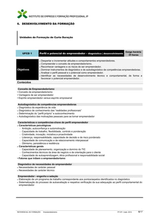 6. DESENVOLVIMENTO DA FORMAÇÃO




    Unidades de Formação de Curta Duração




                                                                                                     Carga horária
     UFCD 1           Perfil e potencial do empreendedor – diagnóstico | desenvolvimento
                                                                                                       25 horas

                     •    Despertar e incrementar atitudes e comportamentos empreendedores.
                     •    Compreender o conceito de empreendedorismo.
                     •    Reconhecer vantagens e os riscos de ser empreendedor.
Objetivos            •    Dominar instrumentos de diagnóstico e de autodiagnóstico de competências empreendedoras.
                     •    Analisar o perfil pessoal e o potencial como empreendedor.
                     •    Identificar as necessidades de desenvolvimento técnico e comportamental, de forma a
                          favorecer o potencial empreendedor.
Conteúdos

 Conceito de Empreendedorismo
• Conceito de empreendedorismo
• Vantagens de ser empreendedor
• Espírito empreendedor versus espírito empresarial

 Autodiagnóstico de competências empreendedoras
• Diagnóstico da experiência de vida
• Diagnóstico de conhecimento das “realidades profissionais”
• Determinação do “perfil próprio” e autoconhecimento
• Autodiagnóstico das motivações pessoais para se tornar empreendedor


 Características e competências-chave do perfil empreendedor
• Características psicológicas
   − Ambição, autoconfiança e automotivação
   − Capacidade de trabalho, flexibilidade, controlo e ponderação
   − Criatividade, inovação, iniciativa e proactividade
   − Liderança, responsabilidade, capacidade de decisão e de risco ponderado
   − Capacidade de comunicação e de relacionamento interpessoal
   − Otimismo, persistência e resiliência
• Características gerais
   − Capacidade de planeamento, organização e domínio do TIC
   − Conhecimentos técnicos da área de negócio e de orientação para o cliente
   − Capacidade de autoaprendizagem, ética profissional e responsabilidade social
• Fatores que inibem o empreendedorismo

 Diagnóstico de necessidades do empreendedor
• Necessidades de carácter pessoal
• Necessidades de carácter técnico


 Empreendedor - engenho e seleção
• Elaboração de um programa de trabalho correspondente aos pontos/aspetos identificados no diagnóstico
• Sistematização do processo de autoavaliação e respetiva verificação da sua adequação ao perfil comportamental do
  empreendedor




REFERENCIAL DE FORMAÇÃO    Empreendedorismo                                                 FP-OF   maio 2012   5/17
 