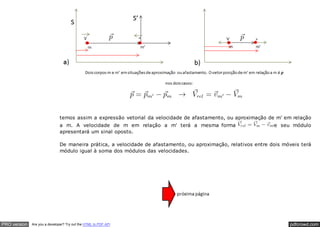 pdfcrowd.comPRO version Are you a developer? Try out the HTML to PDF API
temos assim a expressão vetorial da velocidade de afastamento, ou aproximação de m' em relação
a m. A velocidade de m em relação a m' terá a mesma forma e seu módulo
apresentará um sinal oposto.
De maneira prática, a velocidade de afastamento, ou aproximação, relativos entre dois móveis terá
módulo igual à soma dos módulos das velocidades.
 