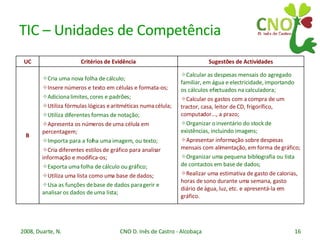 TIC – Unidades de Competência Calcular as despesas mensais do agregado familiar, em água e electricidade, importando os cálculos efectuados na calculadora; Calcular os gastos com a compra de um tractor, casa, leitor de CD, frigorífico, computador..., a prazo; Organizar o inventário do stock de existências, incluindo imagens; Apresentar informação sobre despesas mensais com alimentação, em forma de gráfico; Organizar uma pequena bibliografia ou lista de contactos em base de dados; Realizar uma estimativa de gasto de calorias, horas de sono durante uma semana, gasto diário de água, luz, etc. e apresentá-la em gráfico. Cria uma nova folha de cálculo; Insere números e texto em células e formata-os; Adiciona limites, cores e padrões; Utiliza fórmulas lógicas e aritméticas numa célula; Utiliza diferentes formas de notação; Apresenta os números de uma célula em percentagem; Importa para a folha uma imagem, ou texto; Cria diferentes estilos de gráfico para analisar informação e modifica-os; Exporta uma folha de cálculo ou gráfico; Utiliza uma lista como uma base de dados; Usa as funções de base de dados para gerir e analisar os dados de uma lista; B Sugestões de Actividades Critérios de Evidência UC 
