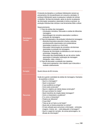 Atividades | 101
Estratégias/
Tarefas
O docente da disciplina e o professor bibliotecário reúnem-se
previamente a fim de planificarem em conjunto a atividade. O
professor bibliotecário apoia na pesquisa e seleção de notícias
a trabalhar. Na fase de produção, apoia os alunos na pesquisa
de informação necessária e associada à notícia a escrever, na
produção individual das notícias e nas ferramentas Web a utilizar.
Desenvolvimento:
1. Fase de análise das mensagens
- Introdução à temática. Discussão e análise de diferentes
mensagens.
- Aprendizagem de conceitos associados à análise e
produção de mensagens.
2. Fase de preparação e da produção individual de mensagens
- Brainstorming sobre assuntos e factos a abordar,
prioritariamente relacionados com problemáticas
associadas à escola ou a nível local.
- Discussão/ interiorização de conceitos e de técnicas
associadas à produção de mensagens.
- Pesquisa de informação na biblioteca ou com recurso a
entrevistas, fotografias, etc.
- Discussão das possibilidades de uso de outros media
associados à ilustração/ publicação da mensagem
(fotografia, vídeo, música...).
3. Fase de discussão e avaliação dos trabalhos
- Cada aluno apresenta o seu trabalho que é discutido e
avaliado coletivamente.
Duração Quatro blocos de 90 minutos.
Recursos
Guião de suporte à atividade de análise de mensagens. Exemplos
de questões a colocar:
- Qual é a mensagem?
- Quem a escreveu?
- A que audiência se dirige?
- Como está construída?
- Qual é o objetivo por detrás dessa construção?
- Em que contexto foi criada?
- Quem beneficia da criação desta mensagem?
- Como a interpretará a audiência?
- E tu como a interpretas?
- Poderia ser diferente?
- O que falta?
- Trata-se de um facto ou de ficção?
- Quais são os factos presentes na notícia?
- O meio utilizado para comunicar a informação – entrevista,
imagens, música, etc. – está adequado à mensagem?
- Qual é o papel do narrador, de outras personagens, na
difusão da informação?
 