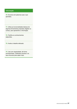 NÍVEIS DE EDUCAÇÃO E ENSINO | 57
Informação
10. Enuncia com palavras suas o que
aprendeu.
11. Utiliza as funcionalidades básicas de
algumas ferramentas propostas (digitais ou
outras), para apresentar a informação.
12. Partilha os conhecimentos
adquiridos.
13. Avalia o trabalho efetuado.
14. Usa com regularidade, de forma
acompanhada, a biblioteca escolar e os
seus recursos para saber mais.
 