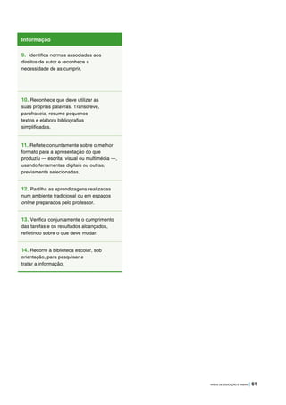 NÍVEIS DE EDUCAÇÃO E ENSINO | 61
Informação
9. Identifica normas associadas aos
direitos de autor e reconhece a
necessidade de as cumprir.
10. Reconhece que deve utilizar as
suas próprias palavras. Transcreve,
parafraseia, resume pequenos
textos e elabora bibliografias
simplificadas.
11. Reflete conjuntamente sobre o melhor
formato para a apresentação do que
produziu — escrita, visual ou multimédia —,
usando ferramentas digitais ou outras,
previamente selecionadas.
12. Partilha as aprendizagens realizadas
num ambiente tradicional ou em espaços
online preparados pelo professor.
13. Verifica conjuntamente o cumprimento
das tarefas e os resultados alcançados,
refletindo sobre o que deve mudar.
14. Recorre à biblioteca escolar, sob
orientação, para pesquisar e
tratar a informação.
 
