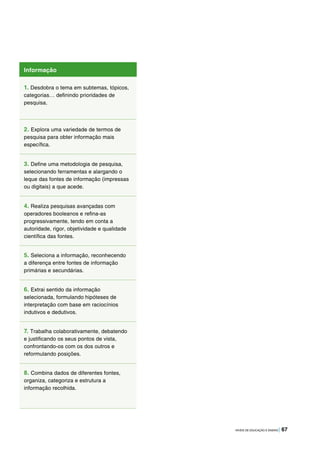 NÍVEIS DE EDUCAÇÃO E ENSINO | 67
Informação
1. Desdobra o tema em subtemas, tópicos,
categorias… definindo prioridades de
pesquisa.
2. Explora uma variedade de termos de
pesquisa para obter informação mais
específica.
3. Define uma metodologia de pesquisa,
selecionando ferramentas e alargando o
leque das fontes de informação (impressas
ou digitais) a que acede.
4. Realiza pesquisas avançadas com
operadores booleanos e refina-as
progressivamente, tendo em conta a
autoridade, rigor, objetividade e qualidade
científica das fontes.
5. Seleciona a informação, reconhecendo
a diferença entre fontes de informação
primárias e secundárias.
6. Extrai sentido da informação
selecionada, formulando hipóteses de
interpretação com base em raciocínios
indutivos e dedutivos.
7. Trabalha colaborativamente, debatendo
e justificando os seus pontos de vista,
confrontando-os com os dos outros e
reformulando posições.
8. Combina dados de diferentes fontes,
organiza, categoriza e estrutura a
informação recolhida.
 
