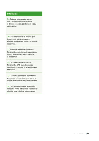 NÍVEIS DE EDUCAÇÃO E ENSINO | 69
Informação
9. Conhece e cumpre as normas
associadas aos direitos de autor
e direitos conexos, condenando o seu
desrespeito.
10. Cita e referencia os autores que
transcreveu ou parafraseou e
elabora bibliografias, usando as normas
respetivas.
11. Conhece diferentes formatos e
ferramentas, selecionando aqueles que
melhor se adequam aos conteúdos
a apresentar.
12. Usa ambientes tradicionais,
ferramentas Web ou redes sociais
digitais para partilhar as aprendizagens
realizadas.
13. Analisa o processo e o produto da
pesquisa, reflete criticamente sobre a
avaliação e inventaria ações corretivas.
14. Usa autonomamente a biblioteca
escolar e outras bibliotecas, físicas e/ou
digitais, para trabalhar a informação.
 