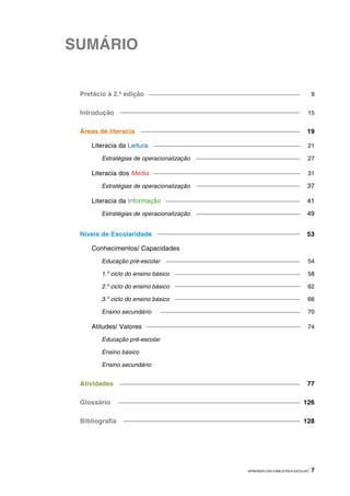 APRENDER COM A BIBLIOTECA ESCOLAR | 7
Prefácio à 2.ª edição
Introdução
Áreas de literacia
Literacia da Leitura
Estratégias de operacionalização
Literacia dos Media
Estratégias de operacionalização
Literacia da Informação
Estratégias de operacionalização
Níveis de Escolaridade
Conhecimentos/ Capacidades
Educação pré-escolar
1.º ciclo do ensino básico
2.º ciclo do ensino básico
3.º ciclo do ensino básico
Ensino secundário
Atitudes/ Valores
Educação pré-escolar
Ensino básico
Ensino secundário
Atividades
Glossário
Bibliografia
SUMÁRIO
9
15
19
21
27
31
37
41
49
53
54
58
62
66
70
74
77
126
128
 