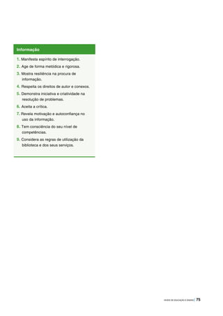 NÍVEIS DE EDUCAÇÃO E ENSINO | 75
Informação
1. Manifesta espírito de interrogação.
2. Age de forma metódica e rigorosa.
3. Mostra resiliência na procura de
informação.
4. Respeita os direitos de autor e conexos.
5. Demonstra iniciativa e criatividade na
resolução de problemas.
6. Aceita a crítica.
7. Revela motivação e autoconfiança no
uso da informação.
8. Tem consciência do seu nível de
competências.
9. Considera as regras de utilização da
biblioteca e dos seus serviços.
 