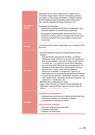 Atividades | 99
Estratégias/
Tarefas
Elaboração de um cartaz coletivo com o objetivo de se
enunciarem regras sobre o tipo de informações pessoais
que podem ou não divulgar (Exemplos: divulgarem apenas
as informações pessoais aprovadas pelos professores e
pais; reportar situações de abuso a terceiros, etc.).
Exploração de aplicações :
Exploração de aplicações interativas da Seguranet, para
os alunos testarem os conhecimentos adquiridos.
Na sequência desta atividade, pode promover‑se uma
campanha na escola sobre o uso seguro da Internet para
os alunos divulgarem aos seus colegas o material que
construíram.
Duração
Três blocos de 90 minutos (negociados com o professor titular
de turma).
Recursos
- Guião de questões indutoras de reflexão (para orientar o
debate):
Para aprofundar esta parte da atividade, o professor
bibliotecário pode confrontar os alunos com questões do
tipo: em que aspetos é que somos todos iguais? (temos
um corpo; etc…); é o facto de termos olhos castanhos
que nos torna muito diferentes das outras pessoas? Um
angolano é muito diferente de um português? Se duas
pessoas têm o mesmo nome como as podemos
diferenciar? (o apelido; a morada; etc.); que tipo de
informações nos torna especiais (acrescentar pormenores
ao nome próprio-apelidos, naturalidade, familiares, idade,
sexo, tempos livres, interesses, escola que frequenta, rua
onde mora, n.º de telefone, etc.).
- Materiais para a elaboração do cartaz;
- Jogos online: Conviver na Internet (Puzzle; Descobre as
diferenças; Jogo de blocos; Jogo de raquete; Sopa de
letras) - http://www.seguranet.pt/1_2ciclos/
Avaliação
Indicadores de desempenho
• Aplicação dos conhecimentos e defesa de pontos de vista.
• Interesse e empenho na realização do debate
• Cooperação na execução do cartaz.
Instrumentos de avaliação
• Ficha de autoavaliação da atividade.
• Trabalhos realizados.
• Registos de observação.
 