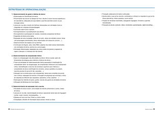 28 |APRENDER COM A BIBLIOTECA ESCOLAR ÁREAS DE LITERACIA | 29
• Produção colaborativa de textos multimodais.
• Escrita sobre o que se leu (reconto, comentários e críticas) ou inspirada no que se leu
(finais alternativos, textos paralelos, outros textos).
• Criação de narrativas transmédia, conjugando linguagens, formatos e suportes
diversificados.
• Produção de ebooks, podcasts, vídeos, booktrailers, apresentações, digital storytelling, ...
1. Desenvolvimento do gosto e hábitos de leitura
• Dinamização do Voluntariado de leitura.
• Envolvimento dos alunos na seleção de livros, ebooks e outros recursos apelativos e
em abundância, adequados às suas idades e que lhes permitam evoluir na sua
formação leitora.
• Leitura em voz alta e reconto de histórias relacionadas com atividades livres ou
integradas em contextos de aprendizagem.
• Conversas sobre livros e autores.
• Acompanhamento e aconselhamento aos leitores.
• Encorajamento à participação em eventos, iniciativas e programas de leitura.
• Sugestões de leitura entre pares.
• Exposição de livros (novidades, obras de um autor, obras com temática comum, obras
com personagens semelhantes, obras relacionadas com temas do currículo, ...).
• Desenvolvimento de projetos com as famílias.
• Construção de blogues, wikis, sítios Web e páginas nas redes sociais relacionados
com atividades de leitura, escrita e/ou comunicação.
• Atividades diferenciadas, adaptadas aos vários estilos de leitores e capazes de
captar a atenção e o interesse dos não leitores.
2. Desenvolvimento da compreensão leitora
• Apoio na ultrapassagem das dificuldades na leitura: leitura a pares, apoio de
ferramentas tecnológicas para melhorar a fluência de leitura, ...
• Treino de atividades de metacompreensão leitora associadas à mobilização da
compreensão literal, da reorganização, da compreensão inferencial e da compreensão
crítica: exemplificação e exercício de processos cognitivos para melhorar a
compreensão da leitura (clarificação de conceitos, colocar questões a si próprio,
resumos parciais do que já foi lido, previsões, ...).
• Interação com os textos para a sua compreensão: textos para completar de acordo
com a leitura, ordenação de excertos, formulação de perguntas que envolvam o treino
de respostas de diferente tipo (expositiva, explicativa, crítica, analítica, …).
• Exploração de materiais de apoio, guiões, tutoriais de suporte às atividades de leitura.
• Utilização de bibliotecas de livros digitais.
3. Desenvolvimento da expressão oral e escrita
• Atividades de leitura social: comunidades de leitores presenciais e online, clubes
de leitura, ...
• Leituras em voz alta; recomendações de leitura, associando vários tipos de linguagem
(verbal, visual, musical, cinematográfica, …).
• Debates em torno de livros, filmes ou outros media.
• Compilação e difusão de informação sobre autores, temas ou obras.
ESTRATÉGIAS DE OPERACIONALIZAÇÃO
 