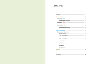 APRENDER COM A BIBLIOTECA ESCOLAR | 7
Prefácio à 2.ª edição
Introdução
Áreas de literacia
Literacia da Leitura
Estratégias de operacionalização
Literacia dos Media
Estratégias de operacionalização
Literacia da Informação
Estratégias de operacionalização
Níveis de Escolaridade
Conhecimentos/ Capacidades
Educação pré-escolar
1.º ciclo do ensino básico
2.º ciclo do ensino básico
3.º ciclo do ensino básico
Ensino secundário
Atitudes/ Valores
Educação pré-escolar
Ensino básico
Ensino secundário
Atividades
Glossário
Bibliografia
SUMÁRIO
9
15
19
21
27
31
37
41
49
53
54
58
62
66
70
74
77
126
128
 
