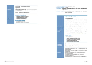 88 |APRENDER COM A BIBLIOTECA ESCOLAR Atividades | 89
Recursos
• Livros do PNL em exemplares múltiplos;
• Outros livros;
Biblioteca de livros digitais PNL - http://www.planonacionaldeleitura.
gov.pt/bibliotecadigital/
Blogger, Wordpress ou Blogs do Sapo.
Avaliação
Indicadores de desempenho
• Interesse e empenho nas leituras.
• Interação através dos blogues.
• Qualidade dos comentários.
Instrumentos de avaliação
• Comentários no blogue.
• Estatística (número de livros lidos).
Aprendizagens
associadas
ao trabalho da
biblioteca
escolar
Conhecimentos/ Capacidades
A. Literacia da leitura
1. Lê, de forma livre ou orientada, obras integrais de diferentes
géneros, progressivamente mais extensas e complexas.
2. Escolhe livros e leituras progressivamente mais variadas,
explicitando as razões da sua escolha.
5. Relata experiências de leitura, expressando as
preferências que marcam o seu percurso como leitor.
6. Cria textos originais com intencionalidades
comunicativas específicas, respeitando convenções
próprias dos géneros e formatos escolhidos.
8. Procura informação para resolver problemas do dia-a-dia,
ampliar conhecimentos e tomar decisões.
9. Utiliza, autonomamente e com segurança, as tecnologias
e ferramentas digitais para ler, escrever, partilhar e
comunicar, em situações do dia-a-dia e de aprendizagem.
Atitudes/ Valores
A. Literacia da leitura
2. Mostra interesse e gosto pela leitura.
3. Participa na troca e debate de ideias.
5. Respeita diferentes opiniões.
6. Reconhece o valor da informação.
Conteúdos
curriculares
• Educação Intercultural.
• Educação para a Igualdade de Género.
• Educação para os Direitos Humanos.
Objetivos
• Comparar o modo como um tema ou problema é tratado em
diferentes obras.
• Desenvolver o gosto pela partilha de experiências de leitura
diversificadas.
• Construir argumentos em torno das leituras realizadas e
dos temas abordados.
• Usar diversas ferramentas digitais para expressar as
experiências de leitura.
• Usar as redes sociais digitais para comunicar e partilhar leituras.
REFERENCIAL (ÁREA A): Literacia da leitura
NÍVEL DE ENSINO: 3.º ciclo
ATIVIDADE: Criação de eventos de leitura na rede social – Fãs da leitura
no Facebook.
ENQUADRAMENTO: Atividade desenvolvida em articulação com Educação
para a Cidadania.
 