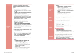 96 |APRENDER COM A BIBLIOTECA ESCOLAR Atividades | 97
Estratégias/
Tarefas
Opção B:
a) Registar a decisão: notícia para o jornal local;
b) Planificar os momentos da tarefa:
- recordar as regras para escrever a notícia;
- recapitular os motivos para a escolha dos livros
propostos como leitura aos amigos, pais…;
c) Escrever em processador de texto as ideias de cada
criança;
d) Mencionar em cada frase o nome do autor;
e) Criar uma pasta com os textos;
f) Enviar por e-mail para o jornal local;
g) Enviar por e-mail para os pais.
Duração
Atividade de continuidade que pode ser desenvolvida
durante um mês.
Recursos
• Ferramenta para a gravação áudio do podcast:
Audacity - http://audacity.sourceforge.net/download
Avaliação
Indicadores de desempenho
• Cooperação com o grupo.
• Argumentação sobre as decisões tomadas.
• Respeito pelas normas estabelecidas, pelo grupo, no
desenrolar da atividade.
Instrumentos de avaliação
• Registos de autoavaliação.
• Registos de observação, seguindo as orientações
existentes no departamento da Educação Pré-escolar da
escola/ agrupamento.
Observações
Esta atividade deve envolver as famílias, como forma de
informação e sensibilização:
- Apresentação do projeto em reunião de pais e
encarregados de educação (educador(a) e biblioteca).
- Sessão de sensibilização para orientação e
acompanhamento dos educandos na utilização dos media.
O contacto com a realidade dos diferentes media
permite uma abordagem mais consciente nas opções e
decisões.
1.º Momento (desafio a ser trabalhado pelo(a)
educador(a)) - seleção do livro preferido.
a) Brainstorming sobre os livros que se leram ao longo de
um mês;
b) Registar, em papel cenário, todos os títulos, verificando
se as crianças recordam os títulos lidos;
c) Registar, em papel cenário, os títulos dos livros mais
votados, percebendo quais os preferidos das crianças e
como verbalizam (ou não) o motivo da escolha;
d) Registar as frases das crianças sobre os livros eleitos
e, em cada frase, mencionar o nome da criança que a
proferiu (reforçando questões de autoria).
2.º Momento (na biblioteca) - procura dos títulos
selecionados.
a) Procurar nas estantes os livros selecionados;
b) Comparar títulos e autores;
c) Propor ao grupo a possibilidade de recomendar aos
colegas, amigos e pais, a leitura destes livros fantásticos;
d) Provocar o debate: Onde? No jornal? Na TV? No
computador?
e) Levantar as várias possibilidades… (rádio local, jornal
local ou computador).
3.º Momento (desafio conduzido pelo(a) educador(a)) - visitas
ao meio local: jornal e rádio.
a) Visitar a rádio local;
b) Visitar o jornal local;
c) Registar, em grande grupo e através do desenho e da
escrita, o que foi sendo descoberto. Diferença entre os
media. O que é necessário para fazer a notícia… no
jornal e na rádio (debate de ideias).
4.º Momento (na biblioteca) - decisão sobre a forma de fazer
a notícia.
Opção A:
a) Registar a decisão: notícia para a rádio local;
b) Planificar os momentos da tarefa:
- recordar as regras para gravar a notícia;
- recapitular os motivos para a escolha dos livros
propostos como leitura aos amigos, pais…;
c) Gravar em podcast as mensagens das crianças
referentes aos livros a sugerir;
d) Editar em mp3;
e) Enviar por correio eletrónico para a rádio local;
f) Enviar por correio eletrónico para os pais.
Estratégias/
Tarefas
 